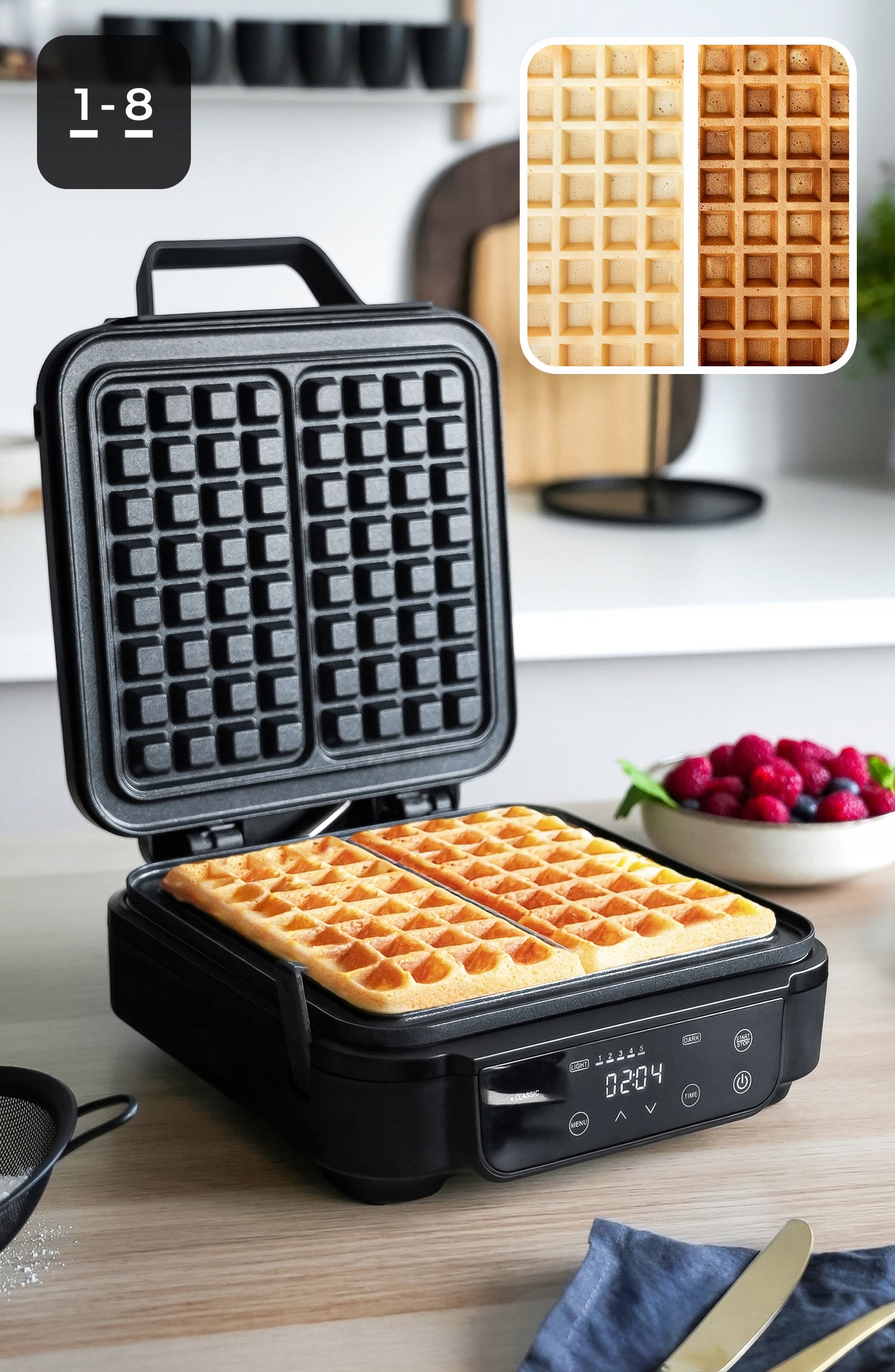 WAFFLE MAKER 2 LARGE WAFFLES GENIUS 2200 8 DEGREES BAKING 5 PROGRAMS BLACK Packaging status original