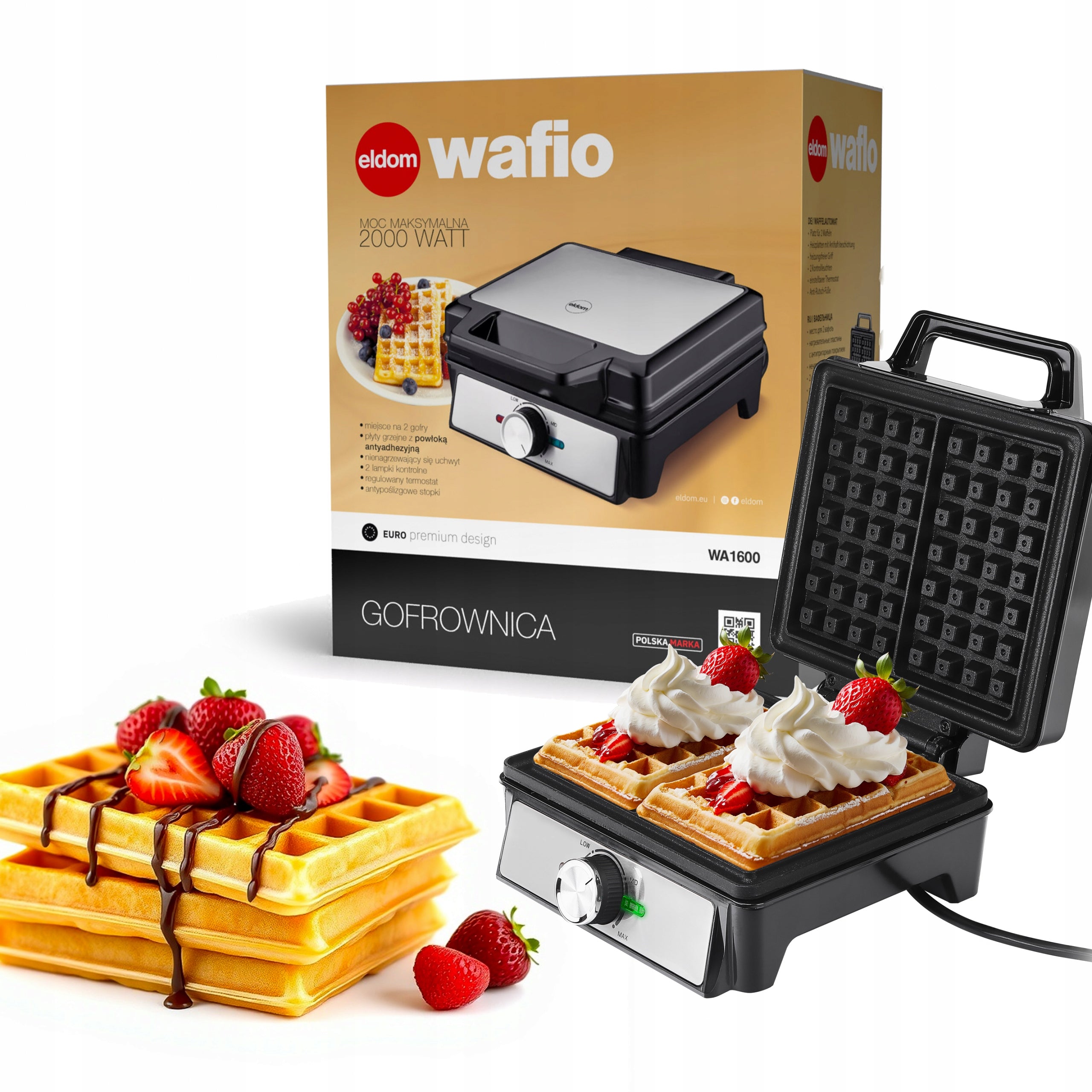WAFFLE MAKER 2 LARGE WAFFLES RECTANGLES WITH TEMPERATURE CONTROL SOLID STRONG