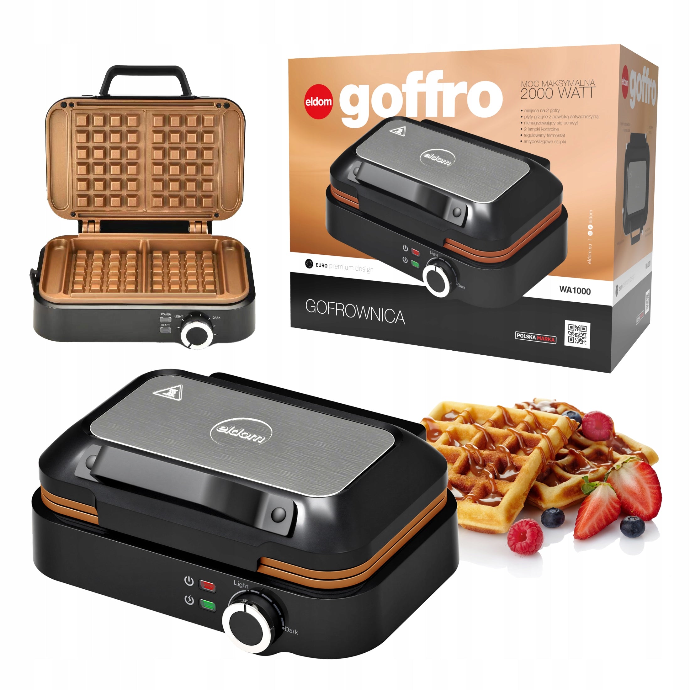 WAFFLE MAKER 2 LARGE WAFFLES TEMPERATURE CONTROL NON-STICK PLATES 2000W