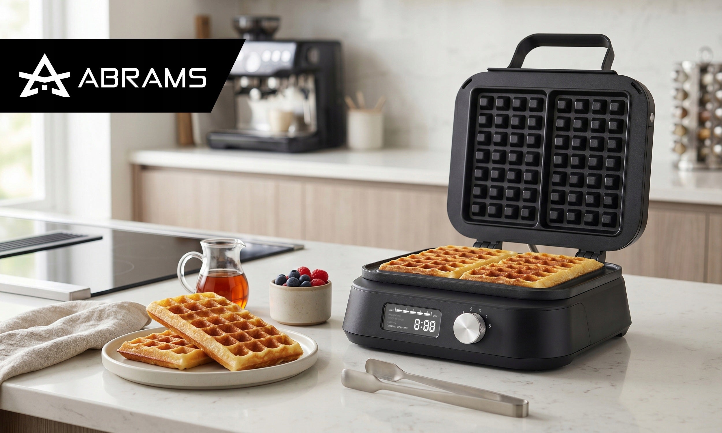 WAFFLE MAKER 2200W 2 LARGE CRISPY WAFFLES TEMP ADJUSTMENT TEFLON COATING Packaging status original