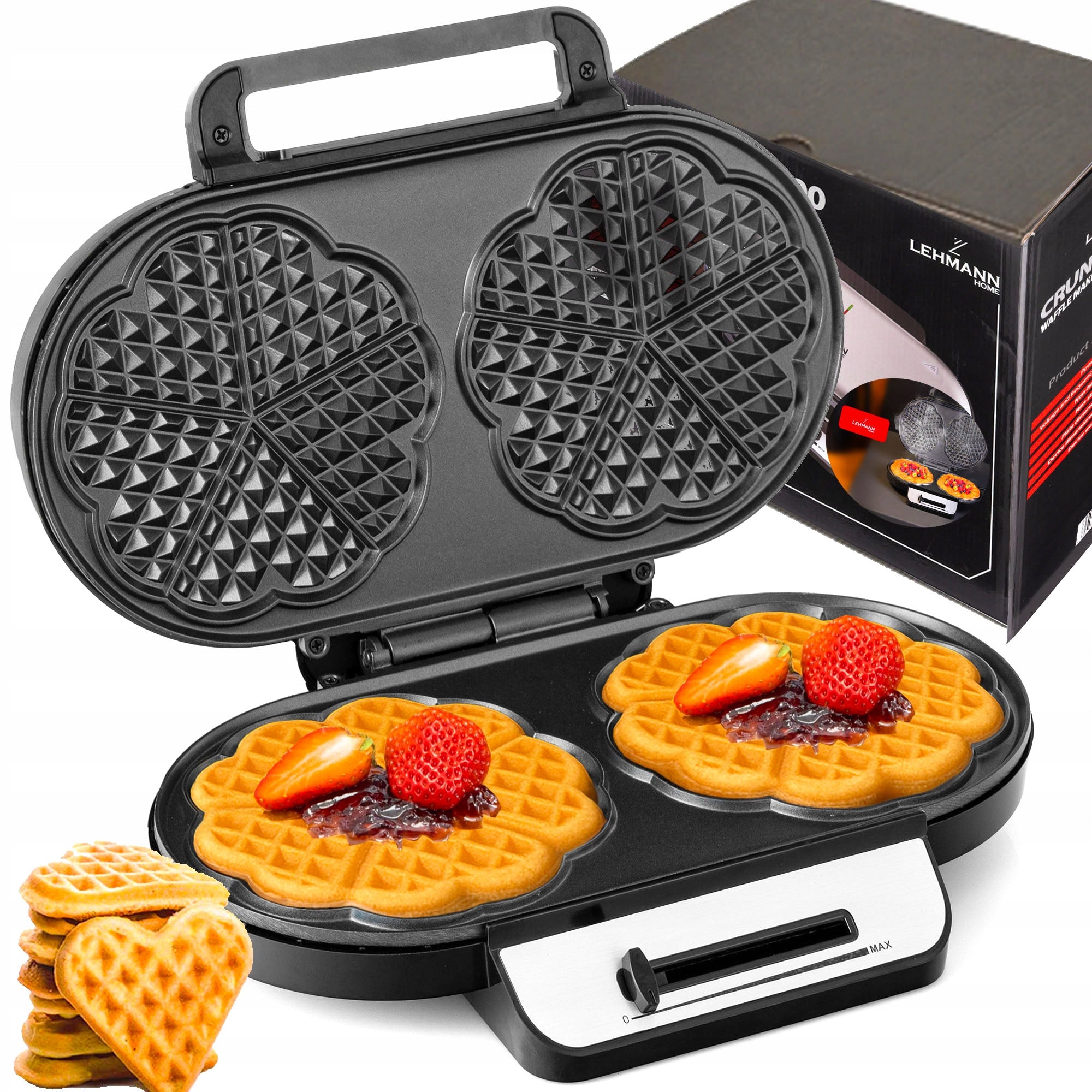 WAFFLE MAKER FOR 2 LARGE WAFFLE HEARTS ADJUSTMENT STRONG NON-LEAKING 2000 Power rating 1200 W