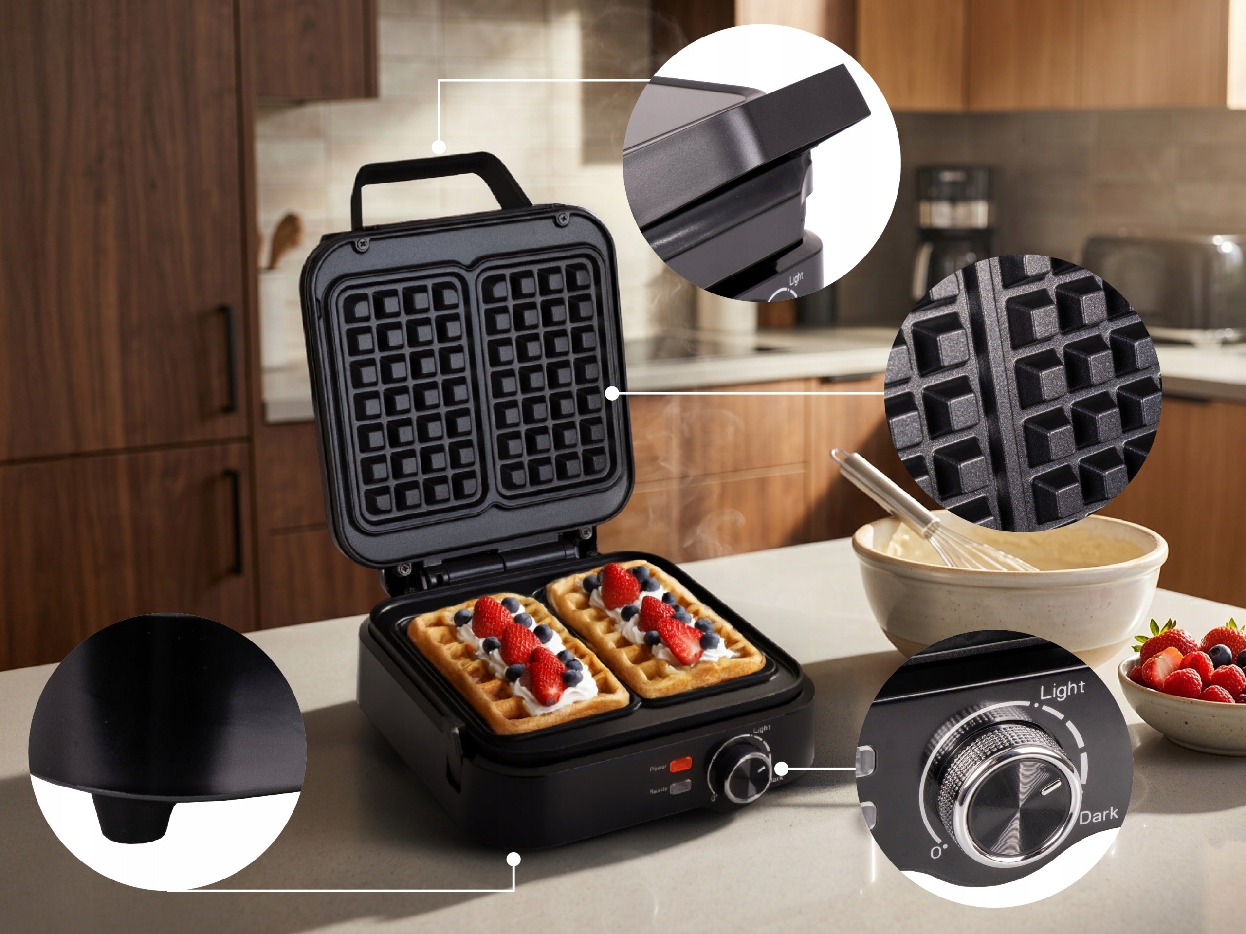 WAFFLE MAKER FOR 2 LARGE WAFFLES TEMPERATURE CONTROL NOT LEAKING MBP 2000W Packaging status original