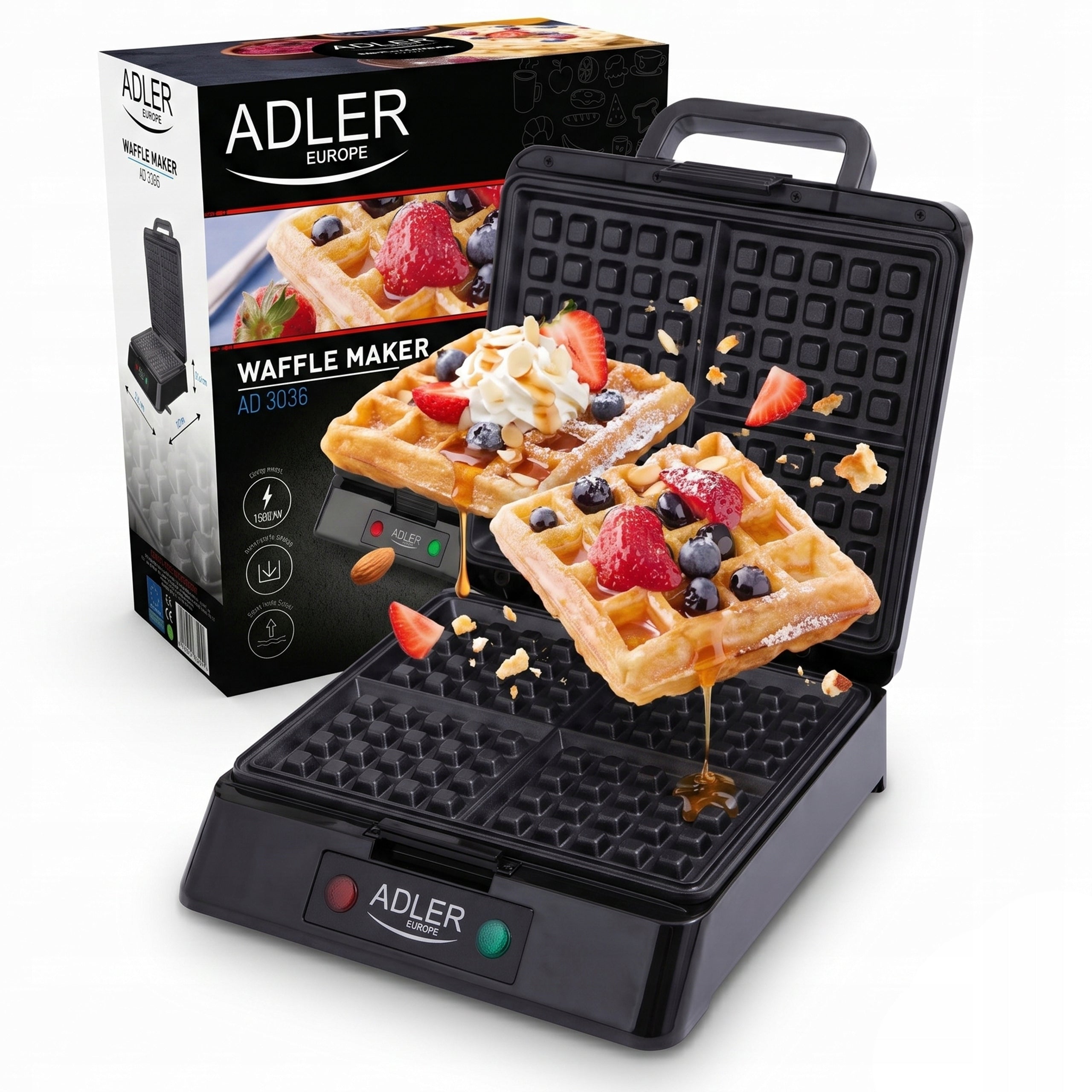 WAFFLE MAKER FOR 4 LARGE WAFFLES CRISPY XXL SOLID THICK GRILLE 1500W ADLER