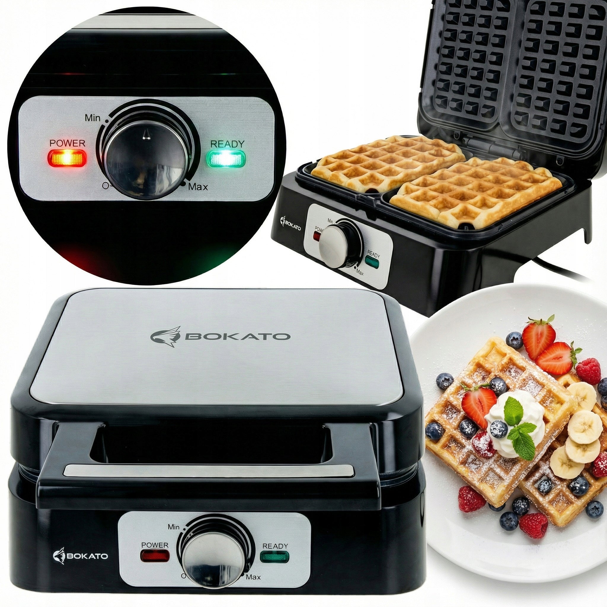 WAFFLE MAKER LARGE WAFFLE ADJUSTABLE THERMOSTAT 1200W COATING BOKATO KEL103