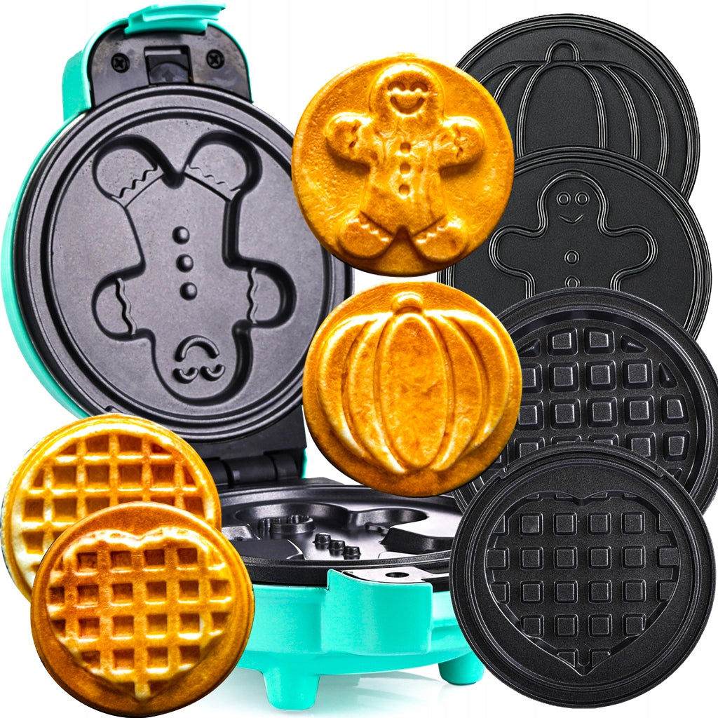 WAFFLE MAKER MINI WAFFLES STRONG NON-STICK 8 TILES 4 MINT GREEN PATTERNS