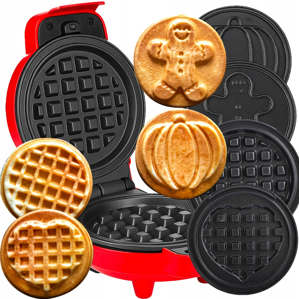 WAFFLE MAKER MINI WAFFLES STRONG NON-STICK 8 TILES 4 PATTERNS RED Packaging status original