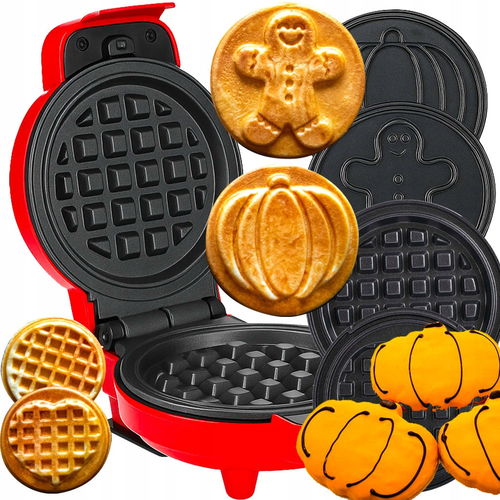 WAFFLE MAKER MINI WAFFLES STRONG NON-STICK 8 TILES 4 PATTERNS RED