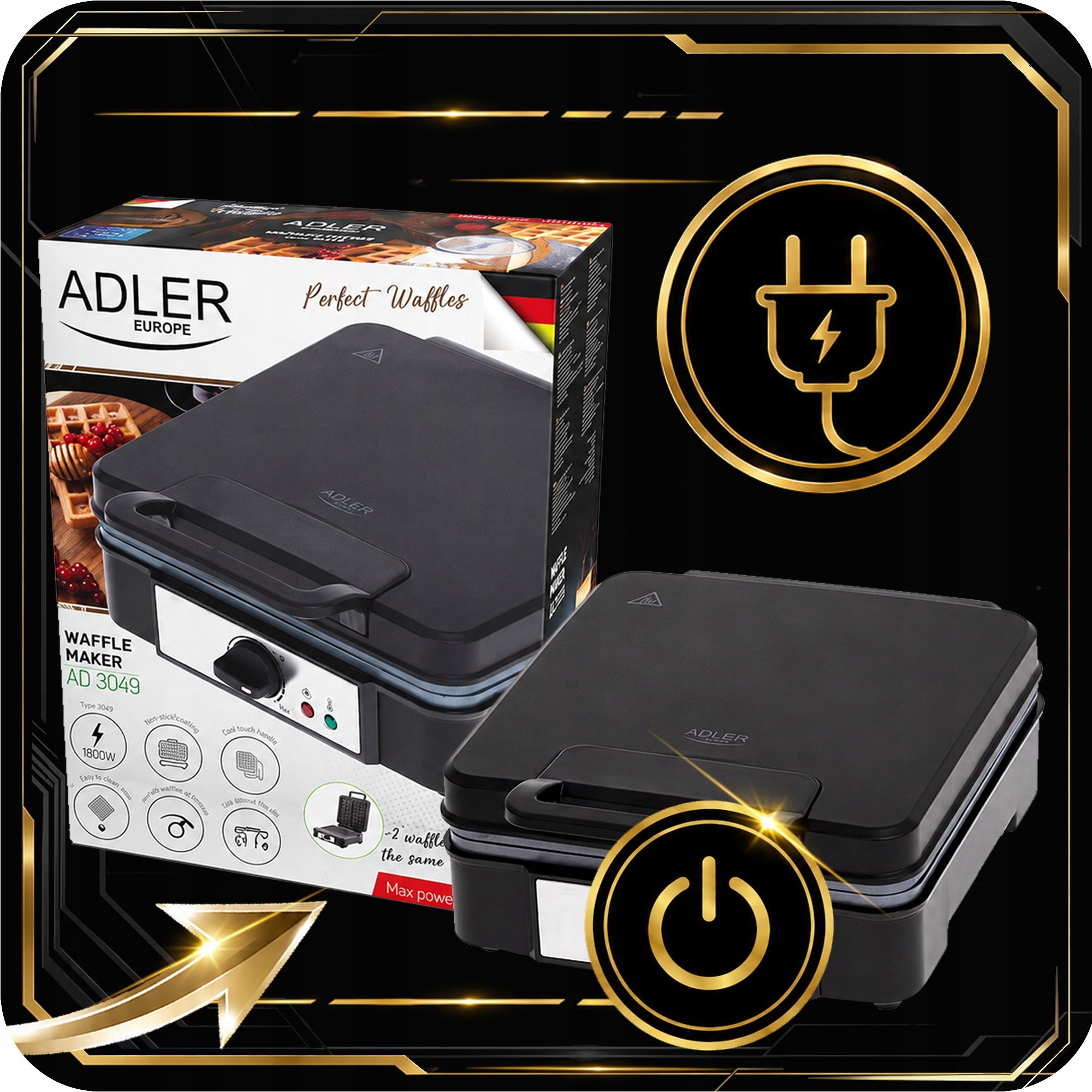 WAFFLE MAKER TOASTER 4 CRISPY LARGE WAFFLES NON-STICK ADJUSTMENT XXL Manufacturer code GOFROWNICA GOFRY REGULACJA TEMPERATURY SX143