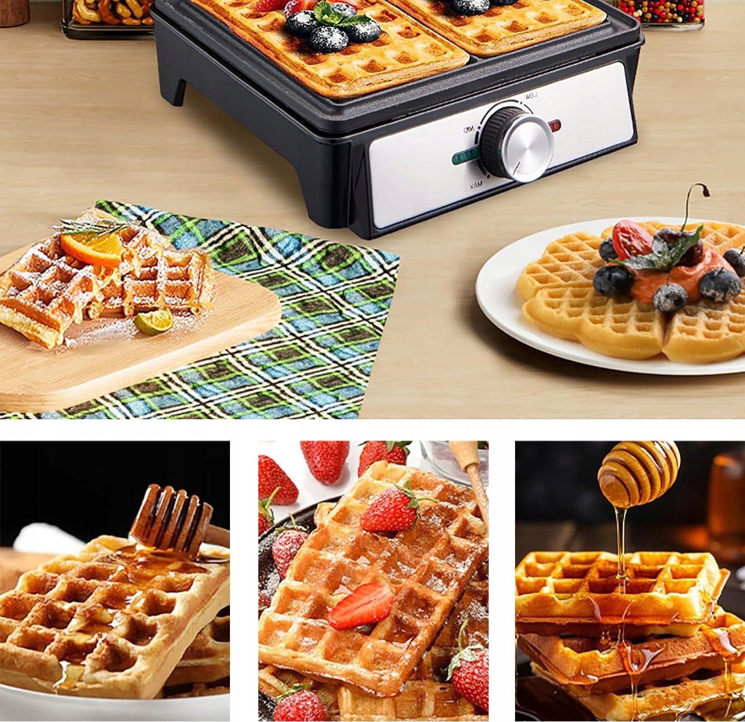 WAFFLE MAKER XXL 2 WAFFLES WITH TEMPERATURE CONTROL FLUFFY CRISPY WAFFLES Waffle shape rectangle