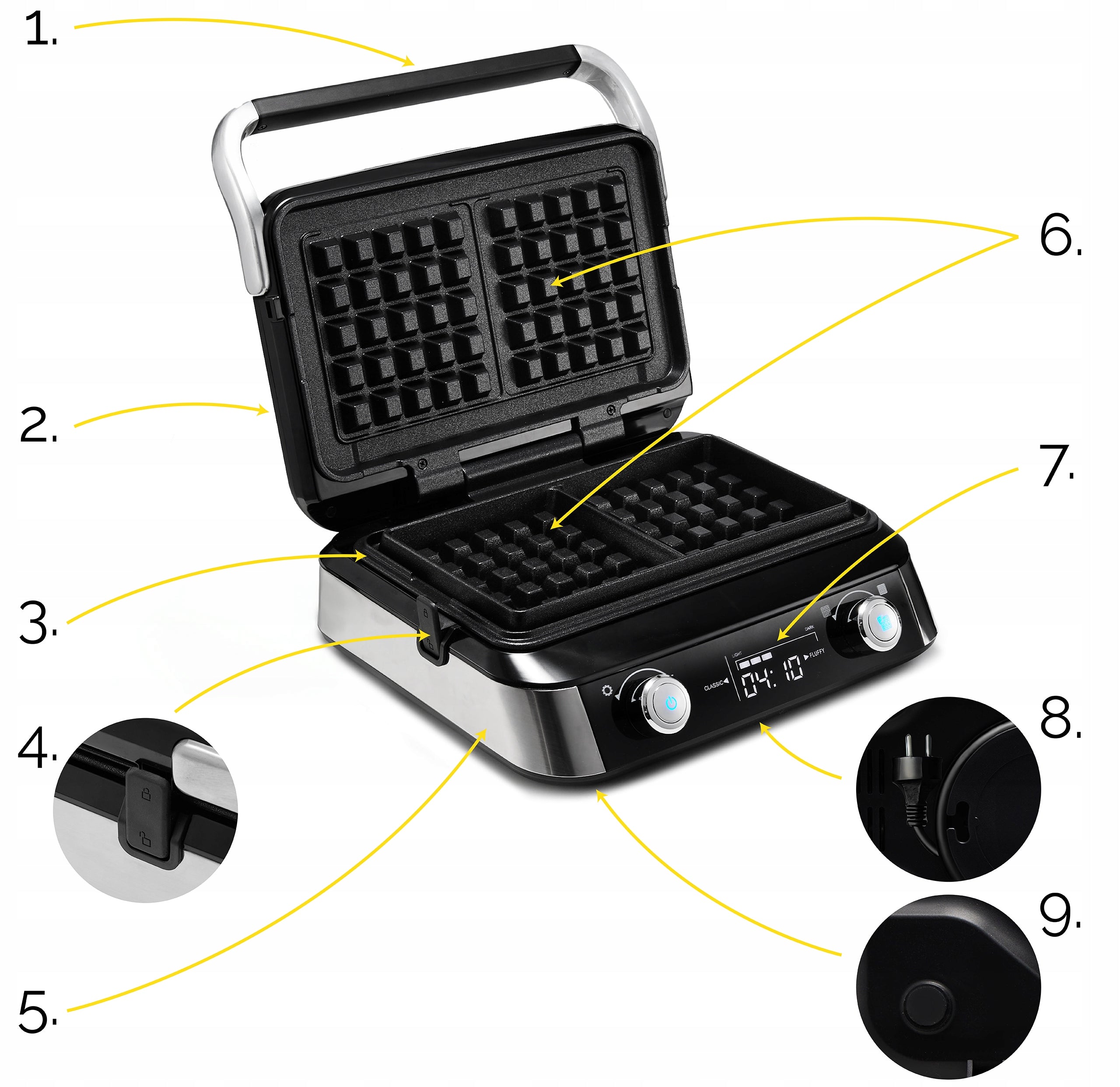 WAFFLE MAKER YOER 2 LARGE WAFFLES 4 + AUTOMATIC CRUNCH ADJUSTMENT PROGRAMS Power rating 1740 W