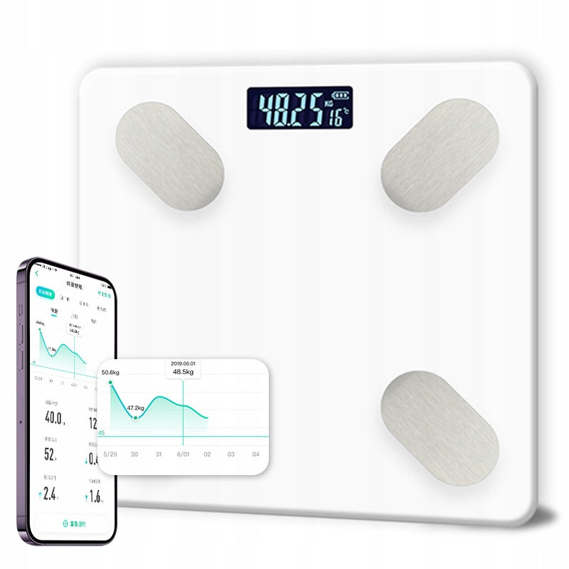 WAGA ŁAZIENKOWA BLUETOOTH SMART 25w1 180Kg ANALITYCZNA INTELIGENTNA Biały