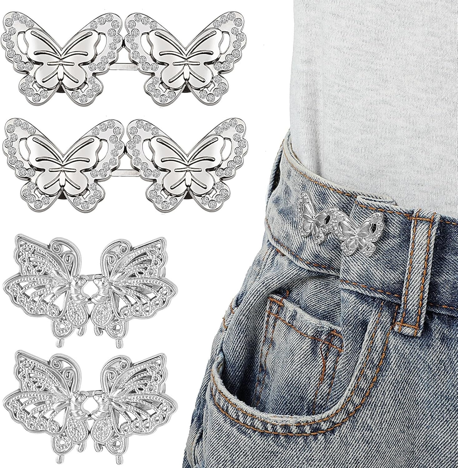 WAIST TENSIONERS 4 SETS BUTTONS SILVER METAL BUTTERFLY PANTS REGULATORS