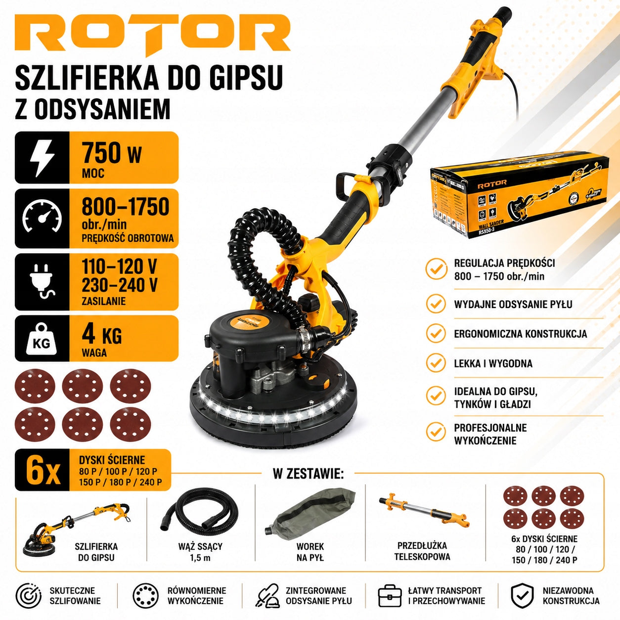 WALL AND FINISH GRINDER ROTOR R-S225L-3 LED GIRAFFE 225 MM 1200W