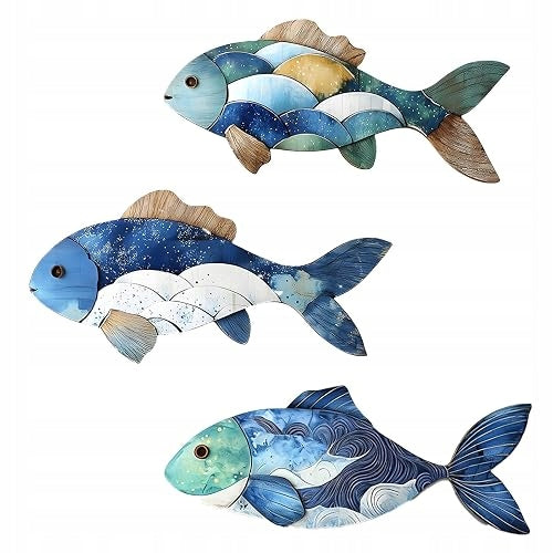 WALL DECORATION FISH WOOD SET OF 3 FOR BATHROOM SEA STYLE
