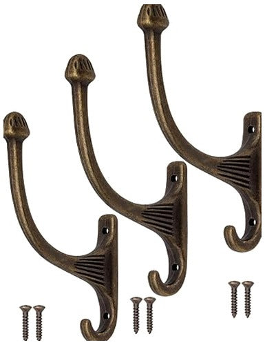WALL HOOKS VINTAGE CAST IRON BRASS CLOTHES HATS SET OF 3