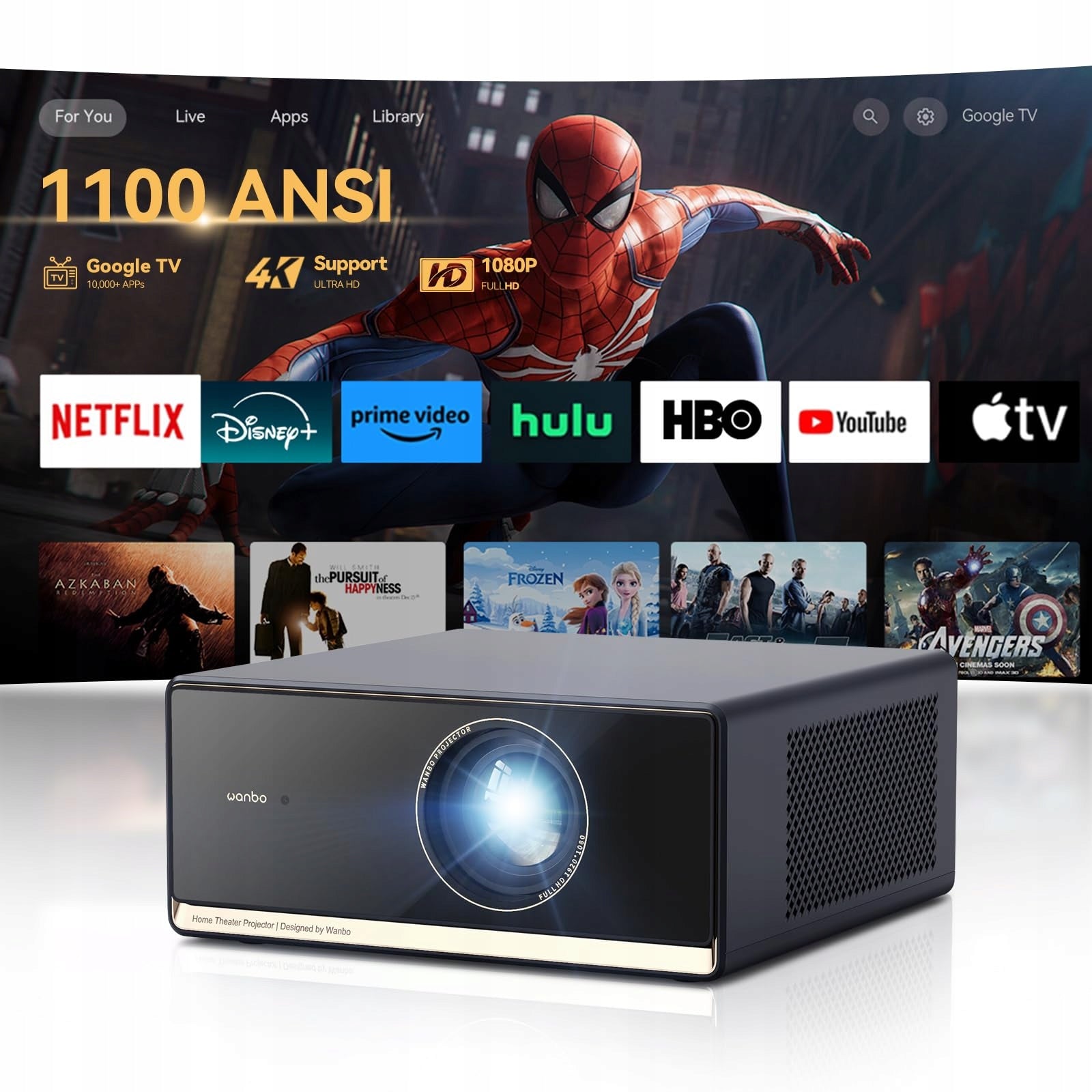 WANBO 4K Projector 1100 ANSI 1080P Full HD Google TV WiFi Bluetooth