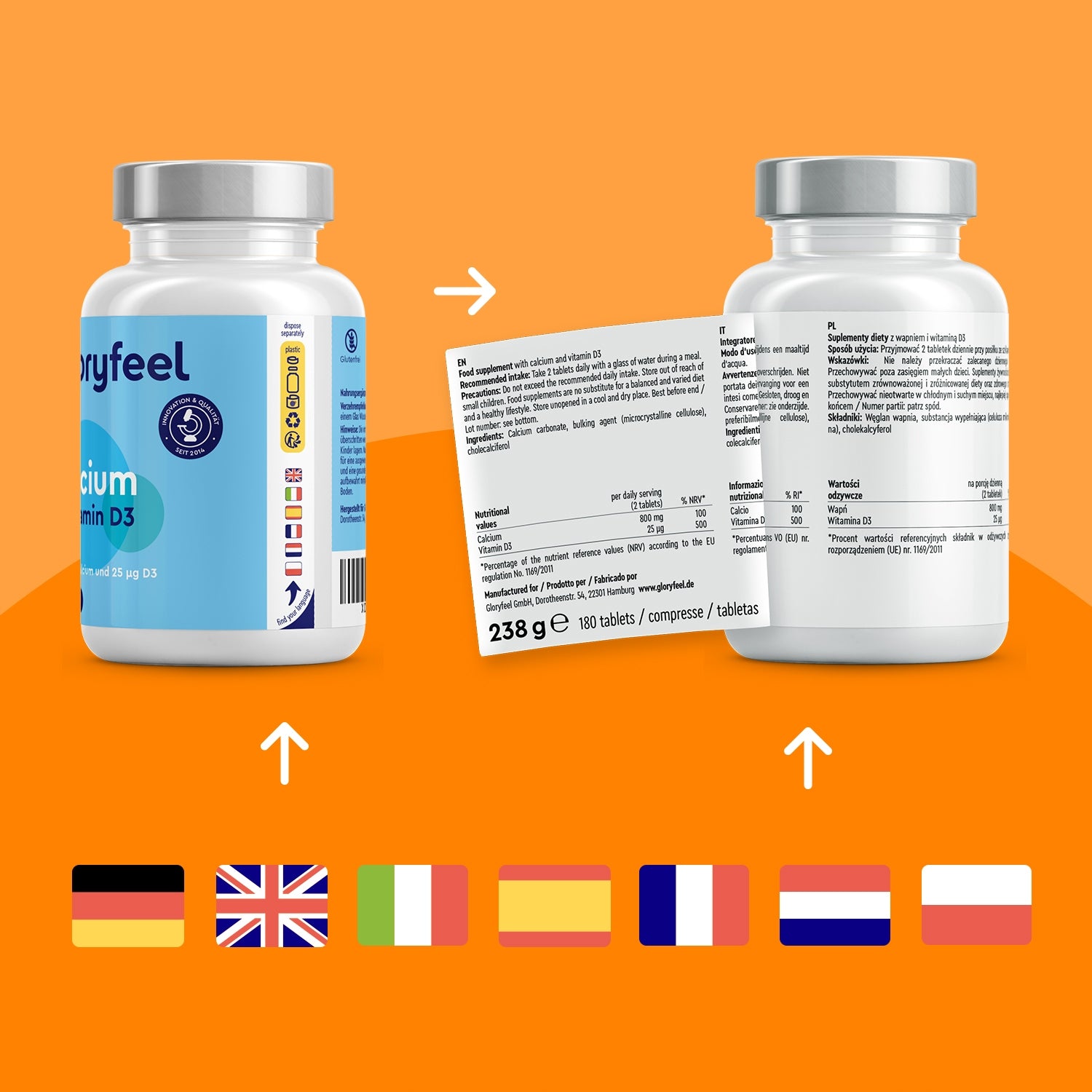 WAPŃ + WITAMINA D3 CALCIUM 800 mg odporność kości mięśnie 180 tab gloryfeel Form tablets