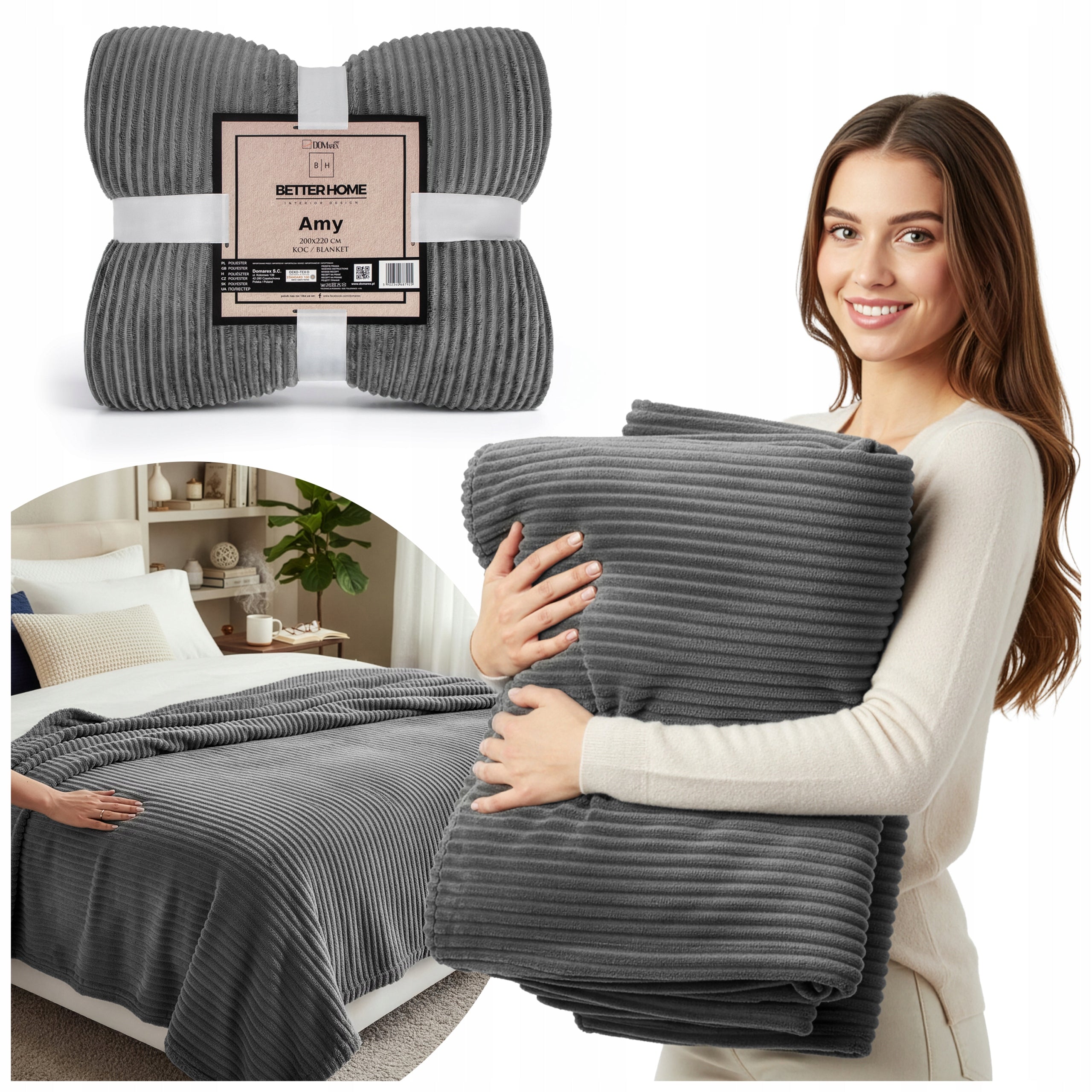 WARM BLANKET 200x220 CM SOFT STYLISH PLAID BEDSPREAD GREY