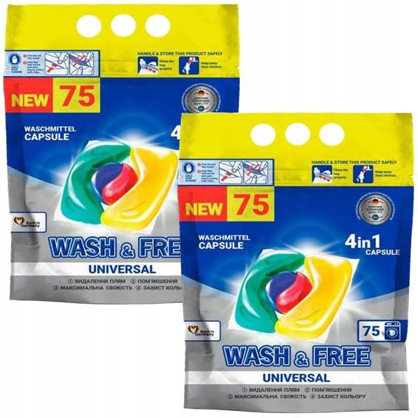 WASH&FREE Fabric Washing Capsules 4in1 Universal 2x75 Washes