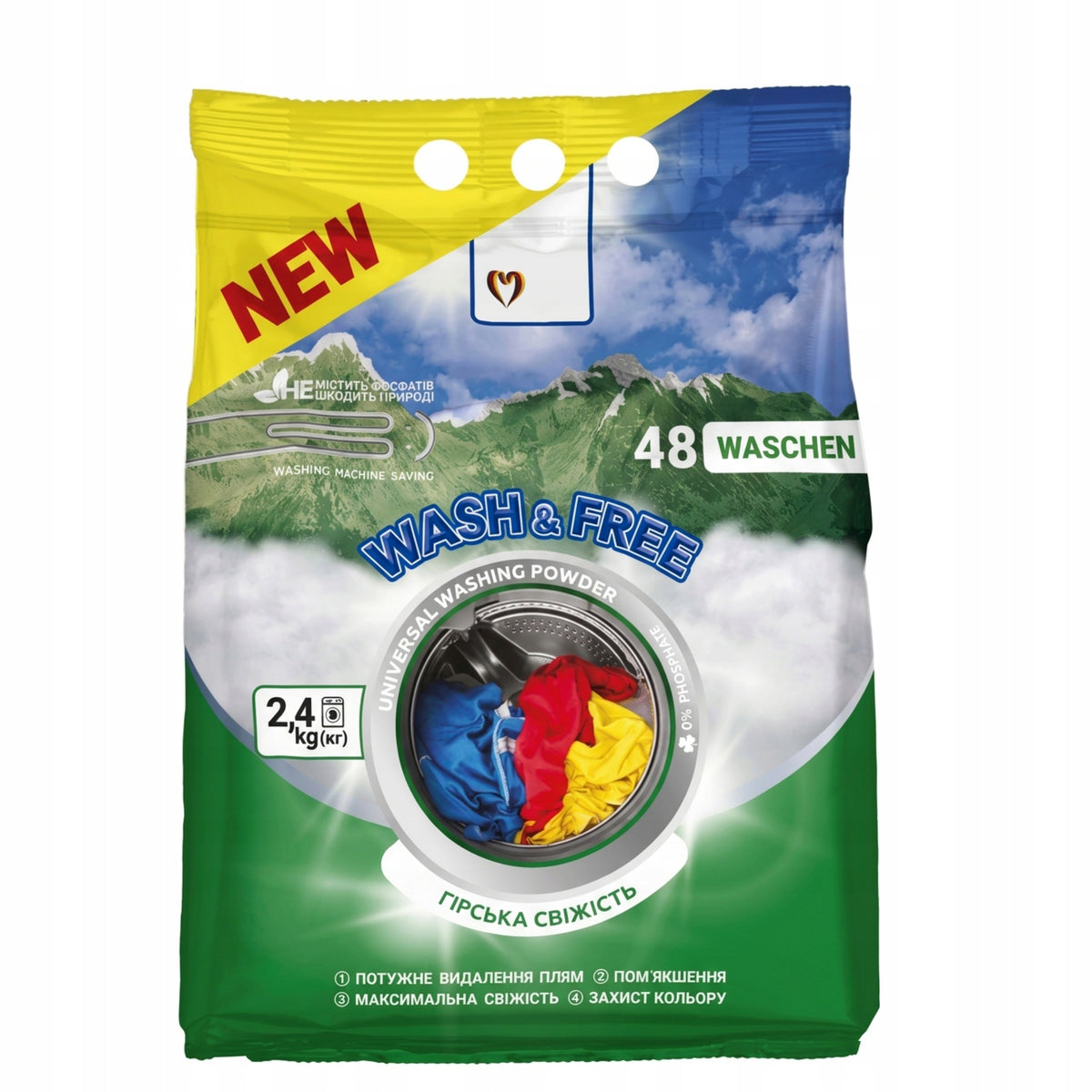 WASH&FREE Universal Washing Powder MOUNTAIN FRESH 48 Washes 2,4kg