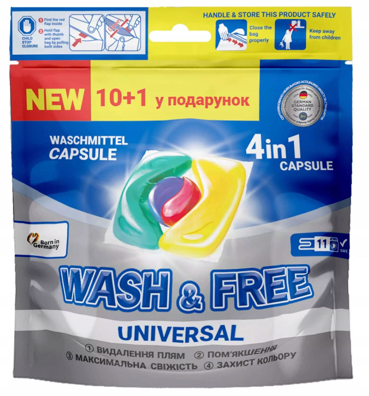 WASH&FREE Universal washing capsules 4in1, 10+1 pcs.