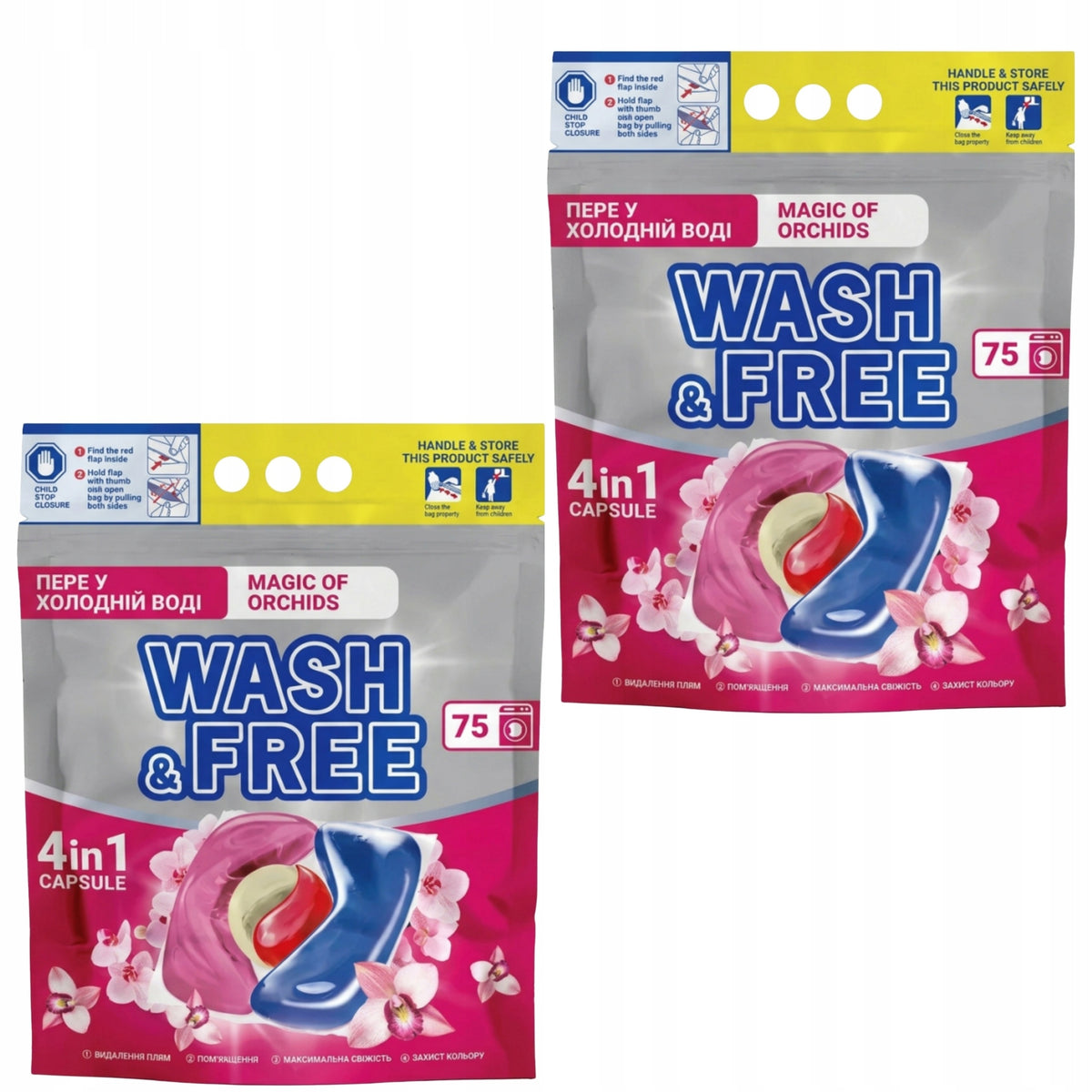 WASH&FREE Washing Capsules UNIVERSAL 4in1 ORCHID, 2 x 75 pcs