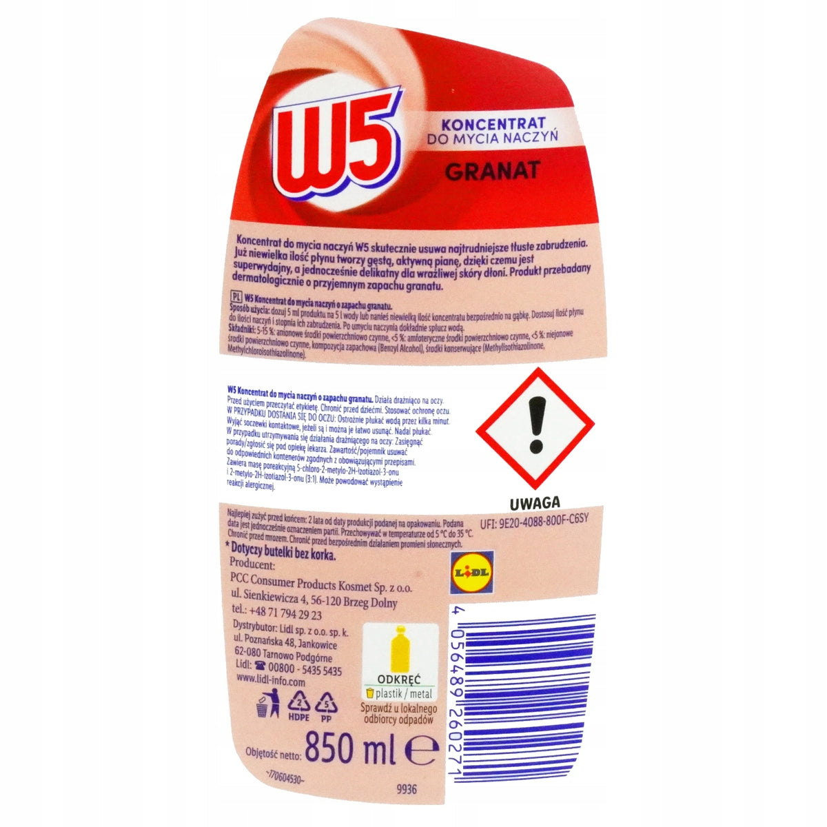WASHING LIQUID POMEGRANATE CONCENTRATE W5 ACTIVE FOAM POWER 2X850ML DELICACY Manufacturer code PŁYN DO MYCIA NACZYŃ W5