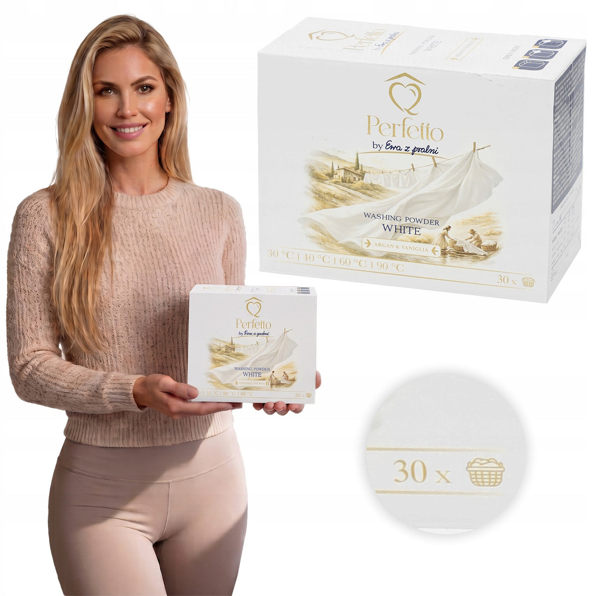 WASHING POWDER WHITE FABRICS CLOTHES Perfetto Ewa with laundry