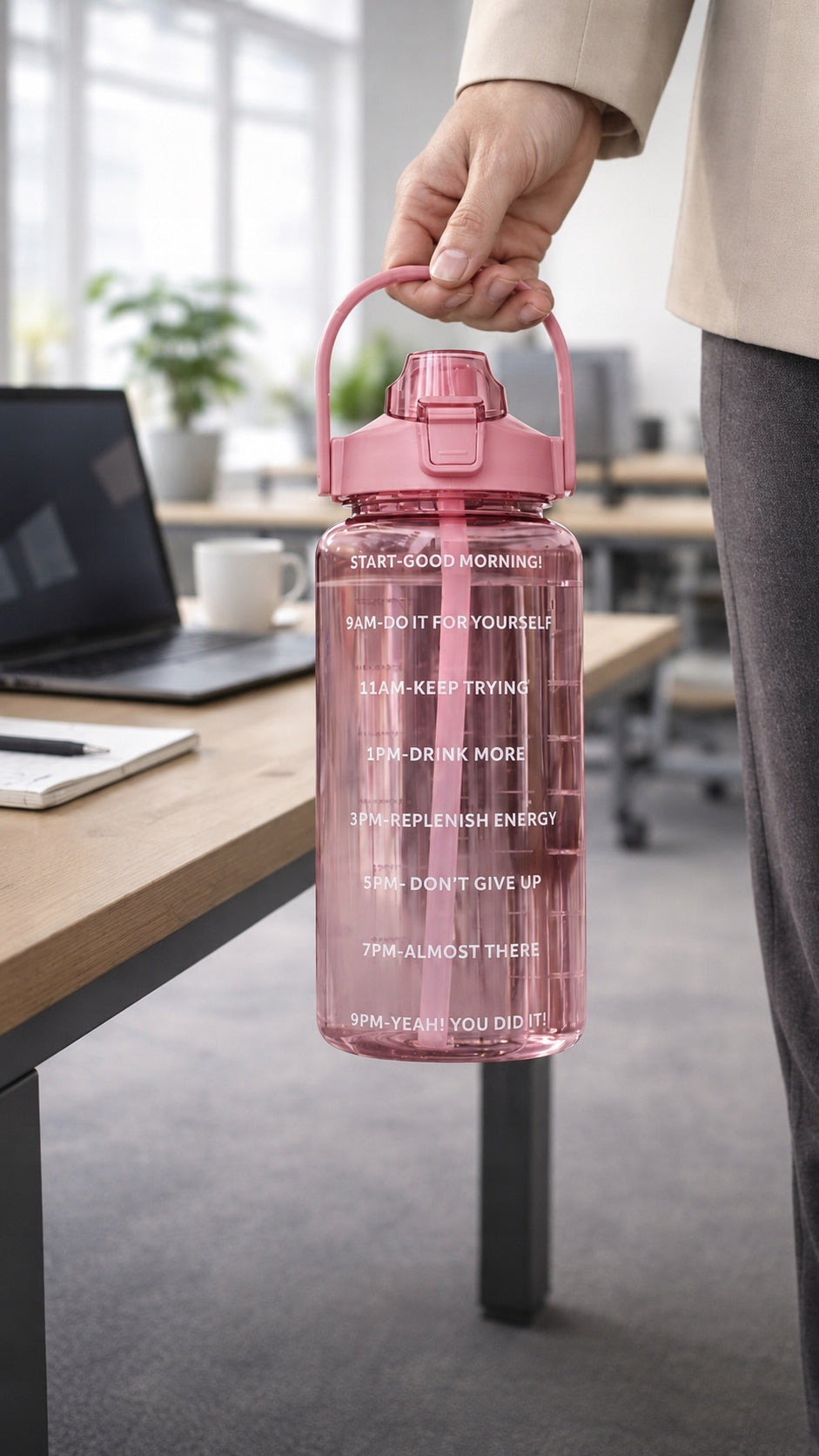 WATER BOTTLE 3x Motivational Bottle Set 2L 900ml 300ml Gym Straw Color pink