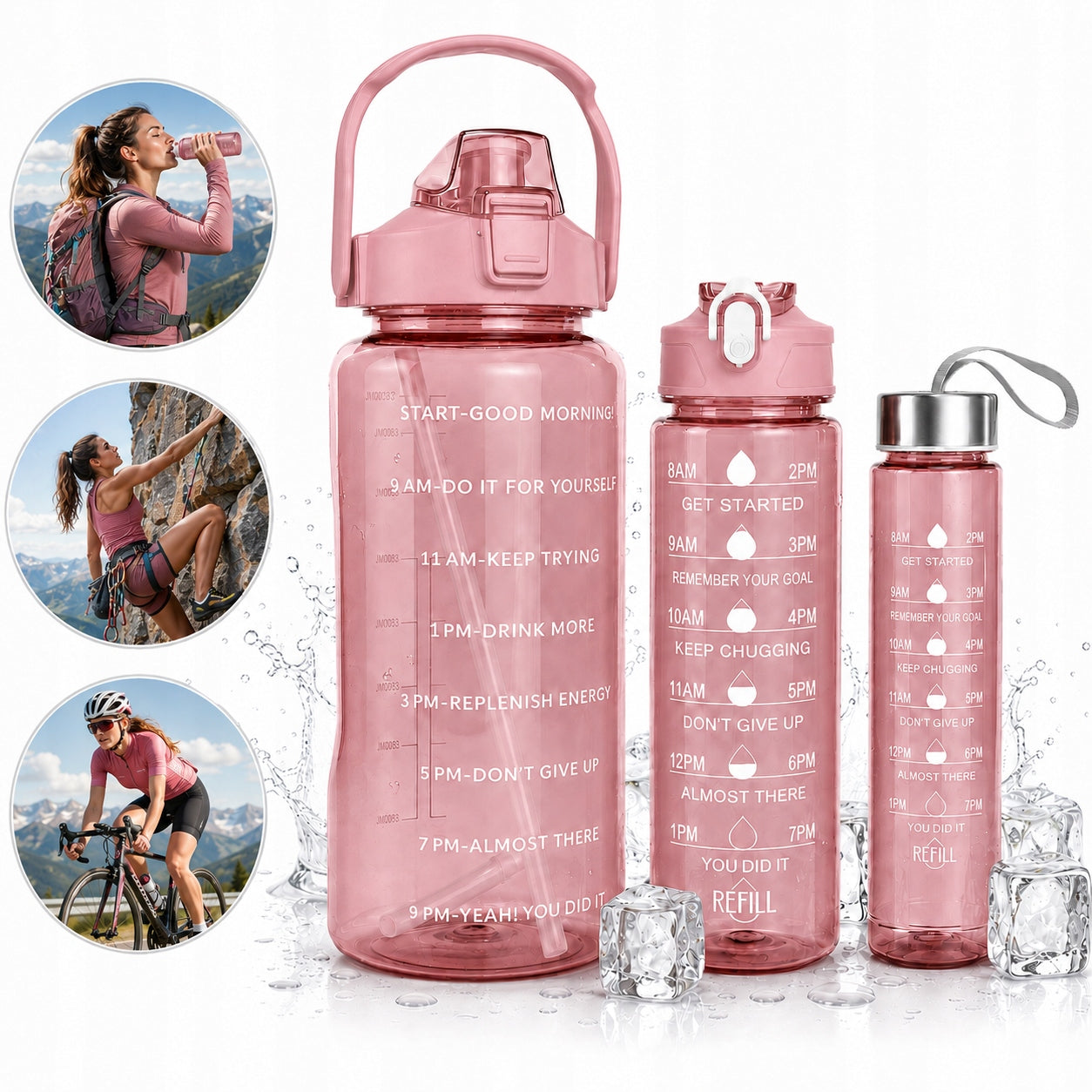 WATER BOTTLE 3x Motivational Bottle Set 2L 900ml 300ml Gym Straw Kind bottle