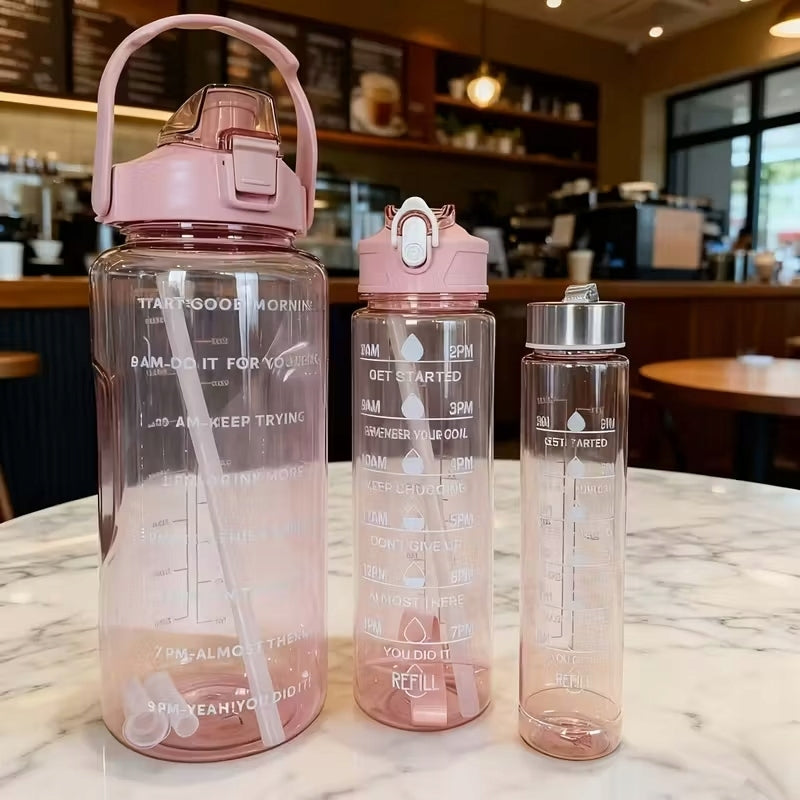WATER BOTTLE 3x Motivational Bottle Set 2L 900ml 300ml Gym Straw Volume 2000 ml