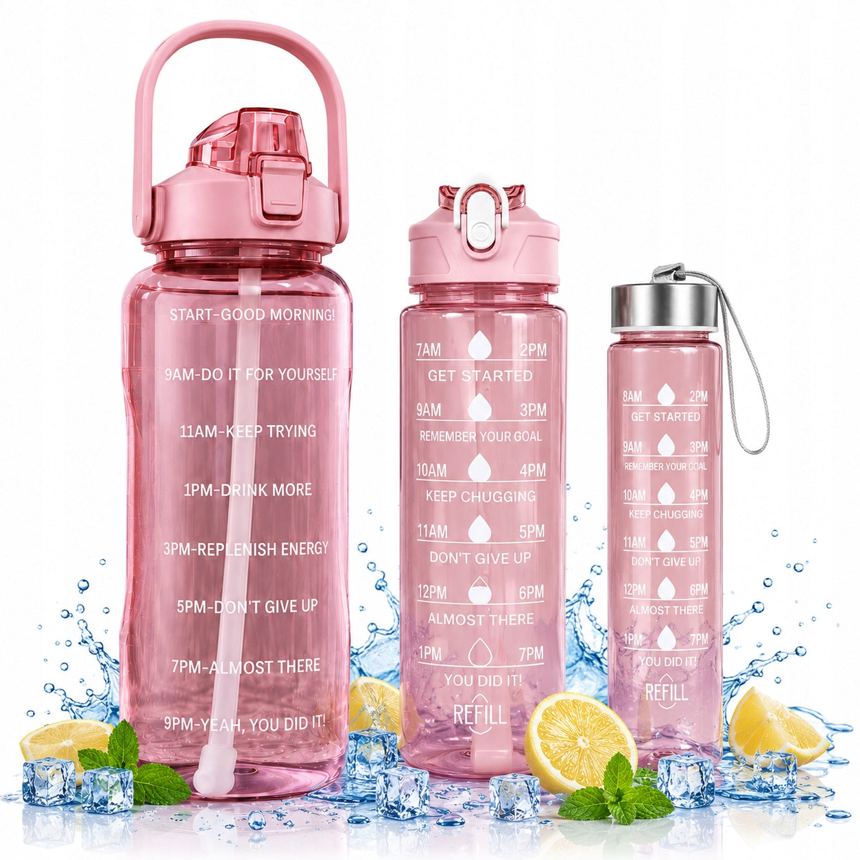 WATER BOTTLE 3x Motivational Bottle Set 2L 900ml 300ml Gym Straw