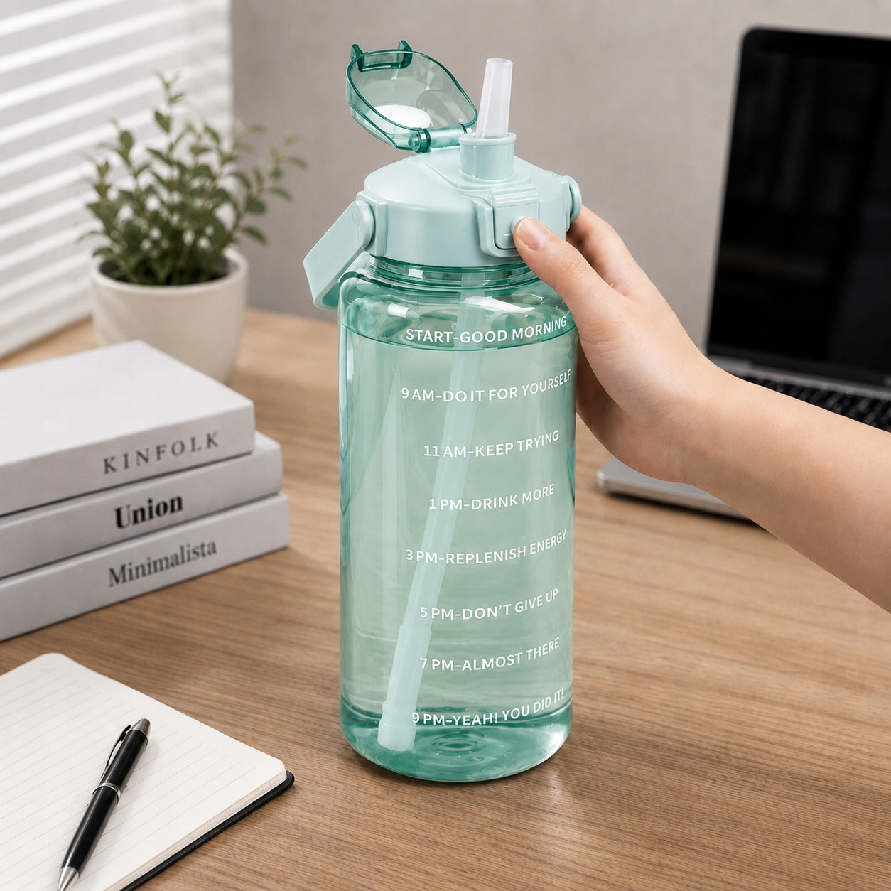 WATER BOTTLE 3x Motivational Bottle Straw Gym Set 2L 900ml 300ml Color green
