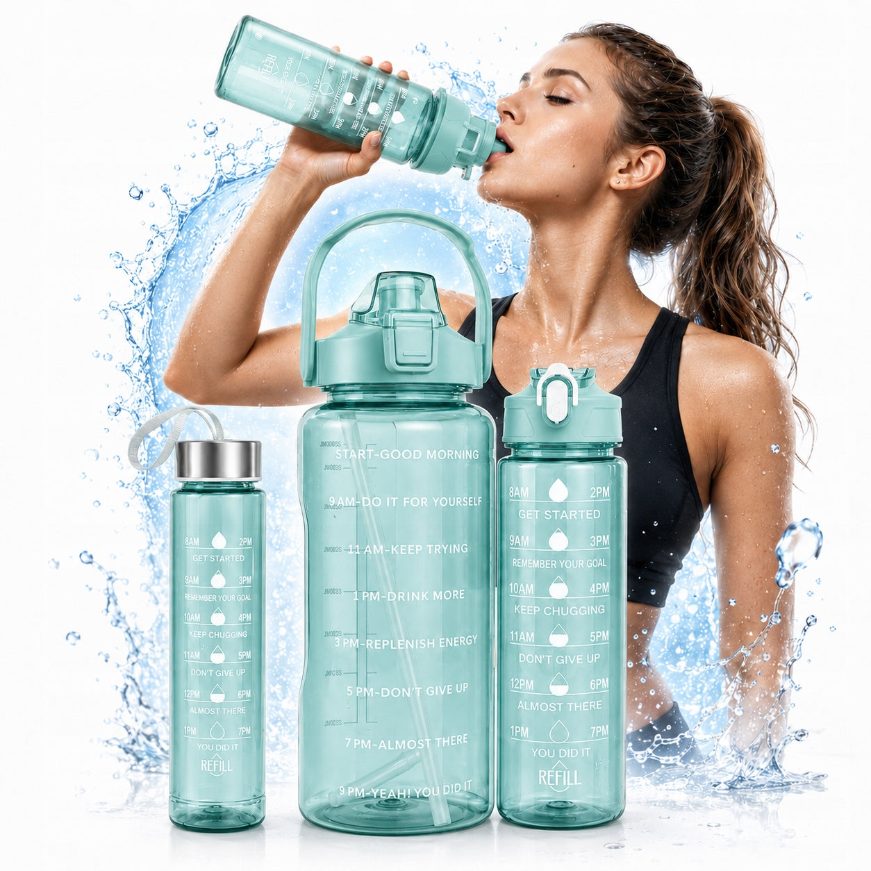 WATER BOTTLE 3x Motivational Bottle Straw Gym Set 2L 900ml 300ml Kind bottle