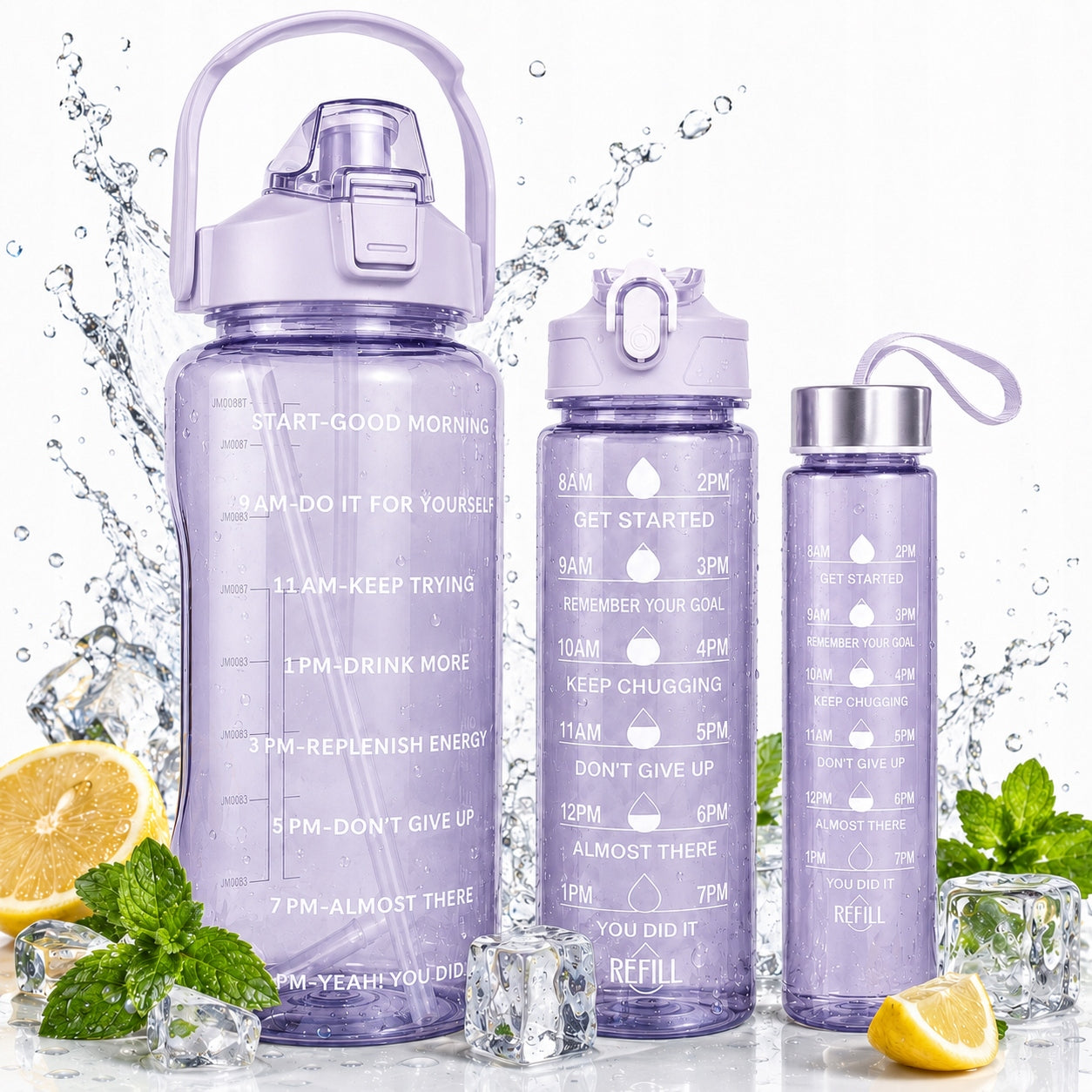 WATER BOTTLE 3x Motivational Bottle Straw Set 2L 900ml 300ml Gym Manufacturer code 666-SET-001-5 lawendowy