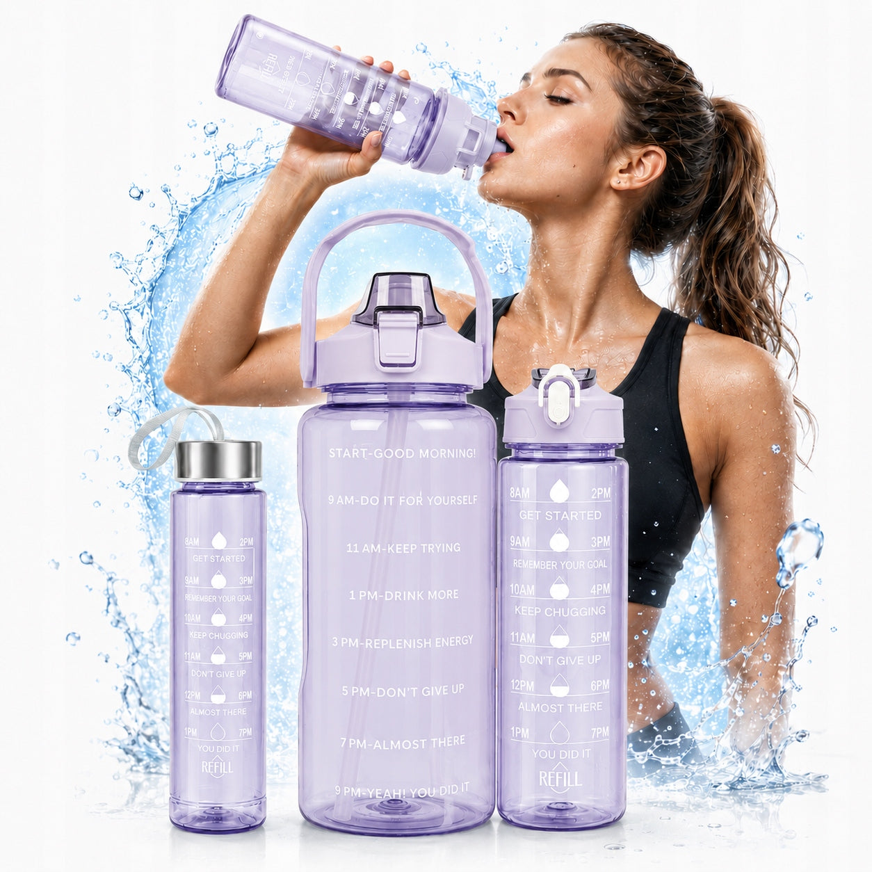 WATER BOTTLE 3x Motivational Bottle Straw Set 2L 900ml 300ml Gym Packaging status original