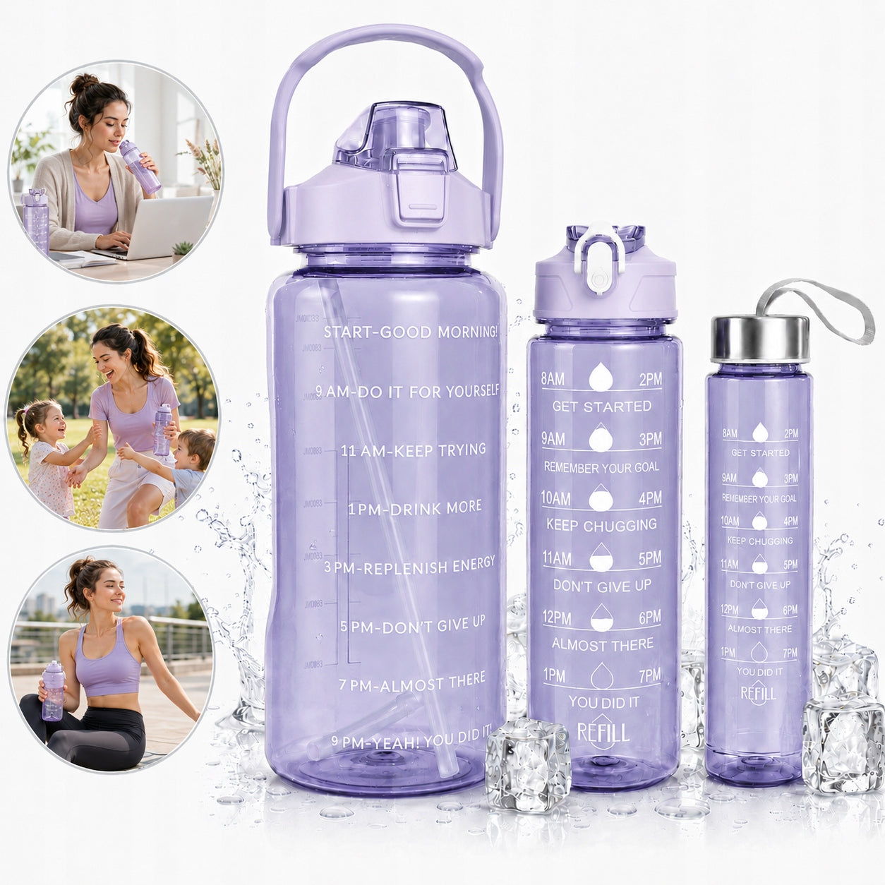 WATER BOTTLE 3x Motivational Bottle Straw Set 2L 900ml 300ml Gym