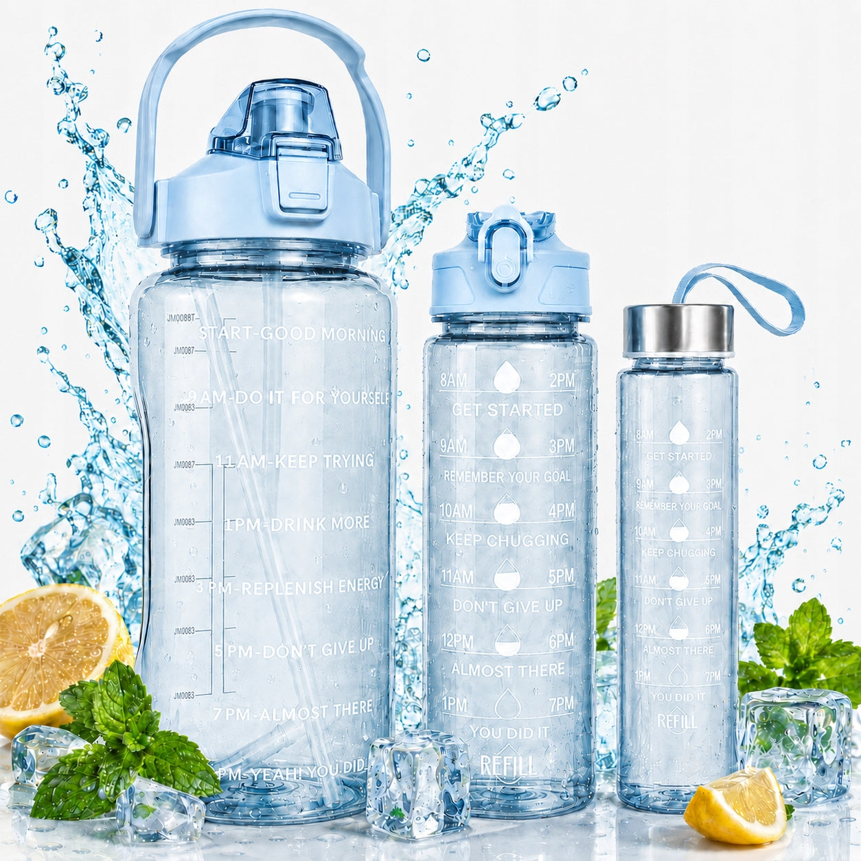 WATER BOTTLE 3x Set of 2L 900ml 300ml Motivational Bottle Straw Gym Manufacturer code 666-SET-001-4 niebieski
