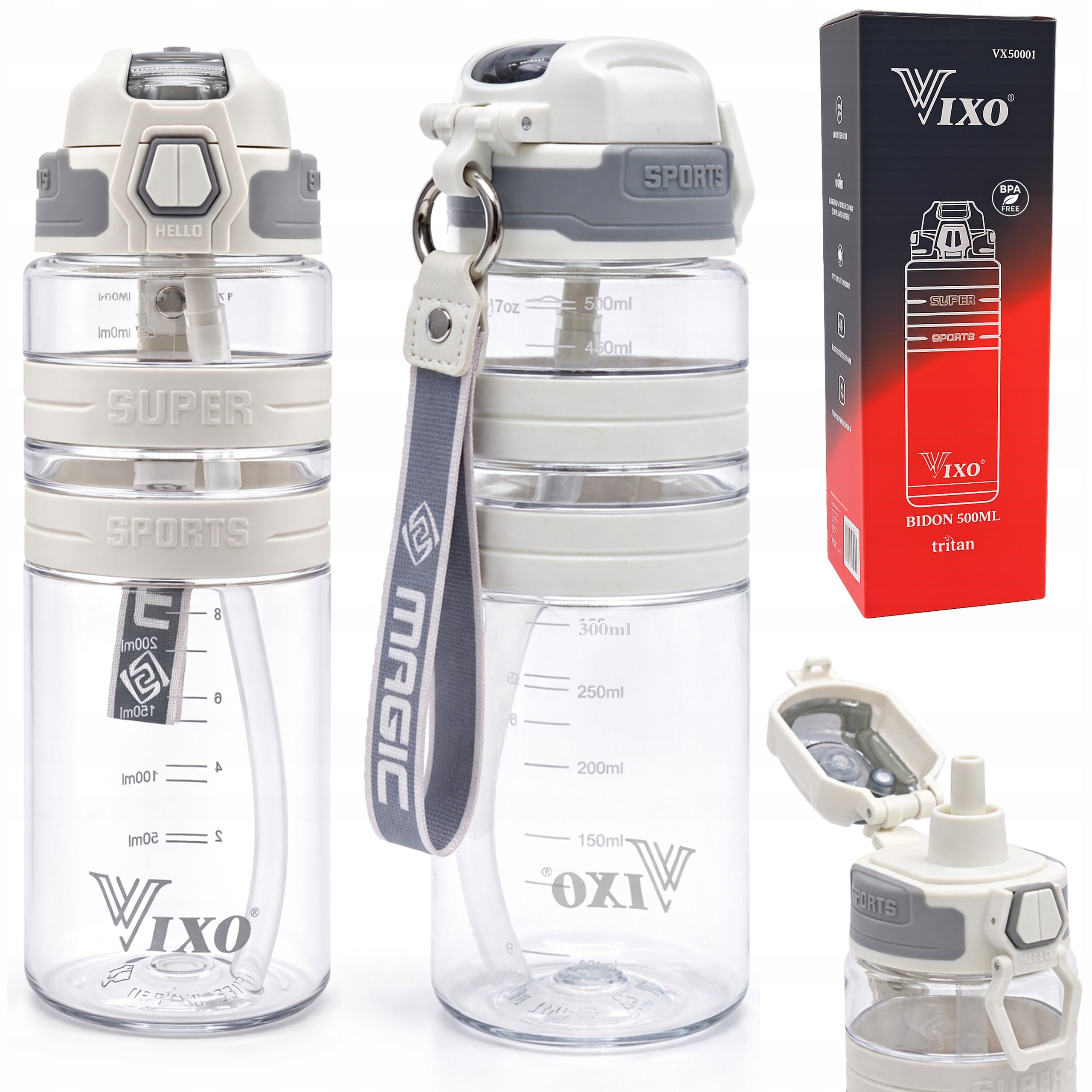 WATER BOTTLE 500ML TRITAN SEALED WITH SPORTS MEASURING CUP BPA FREE VIXO