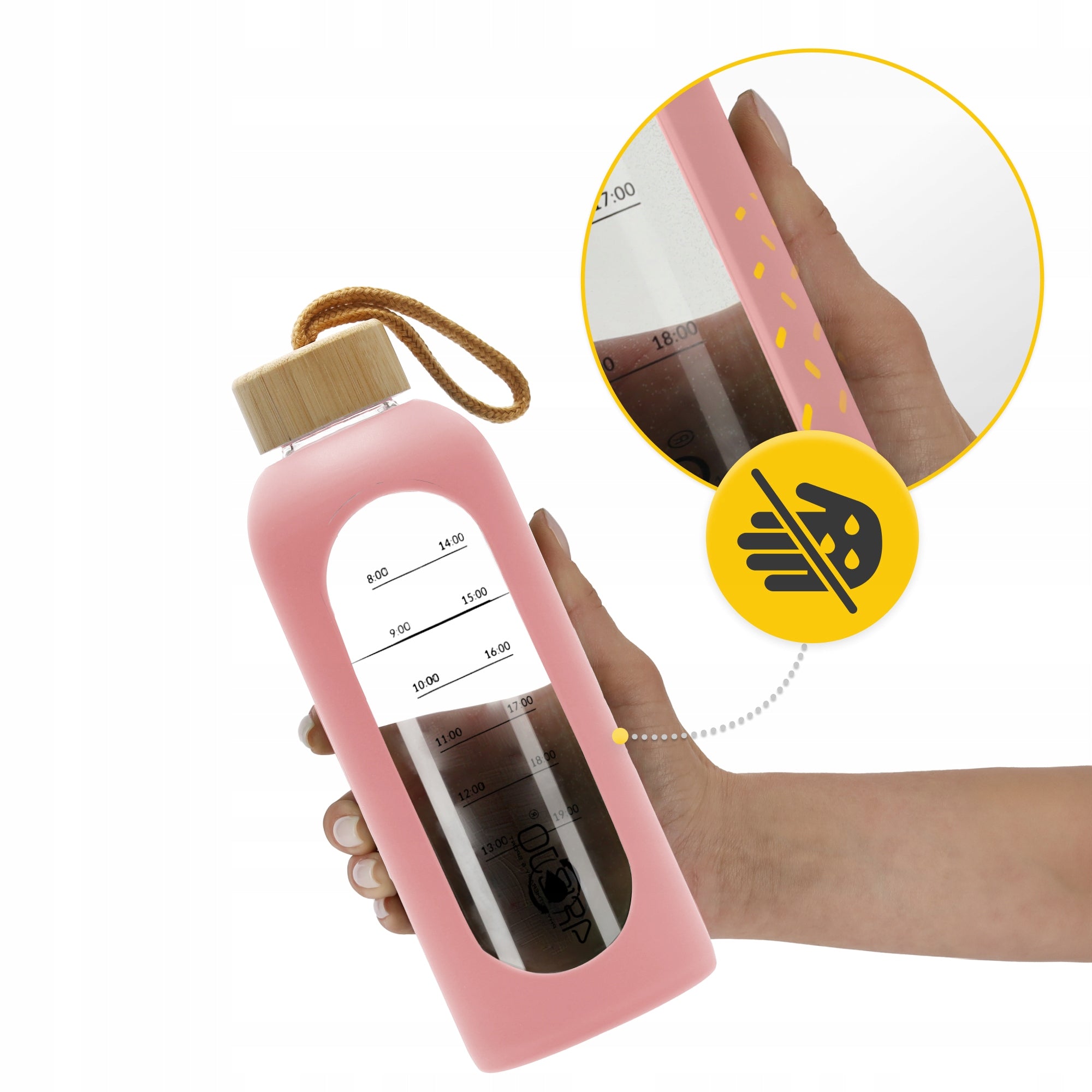 WATER BOTTLE MOTIVATIONAL BOTTLE SEALED SILICONE CASE 750 ML Manufacturer code Szklana butelka sportowa na wodę WB29