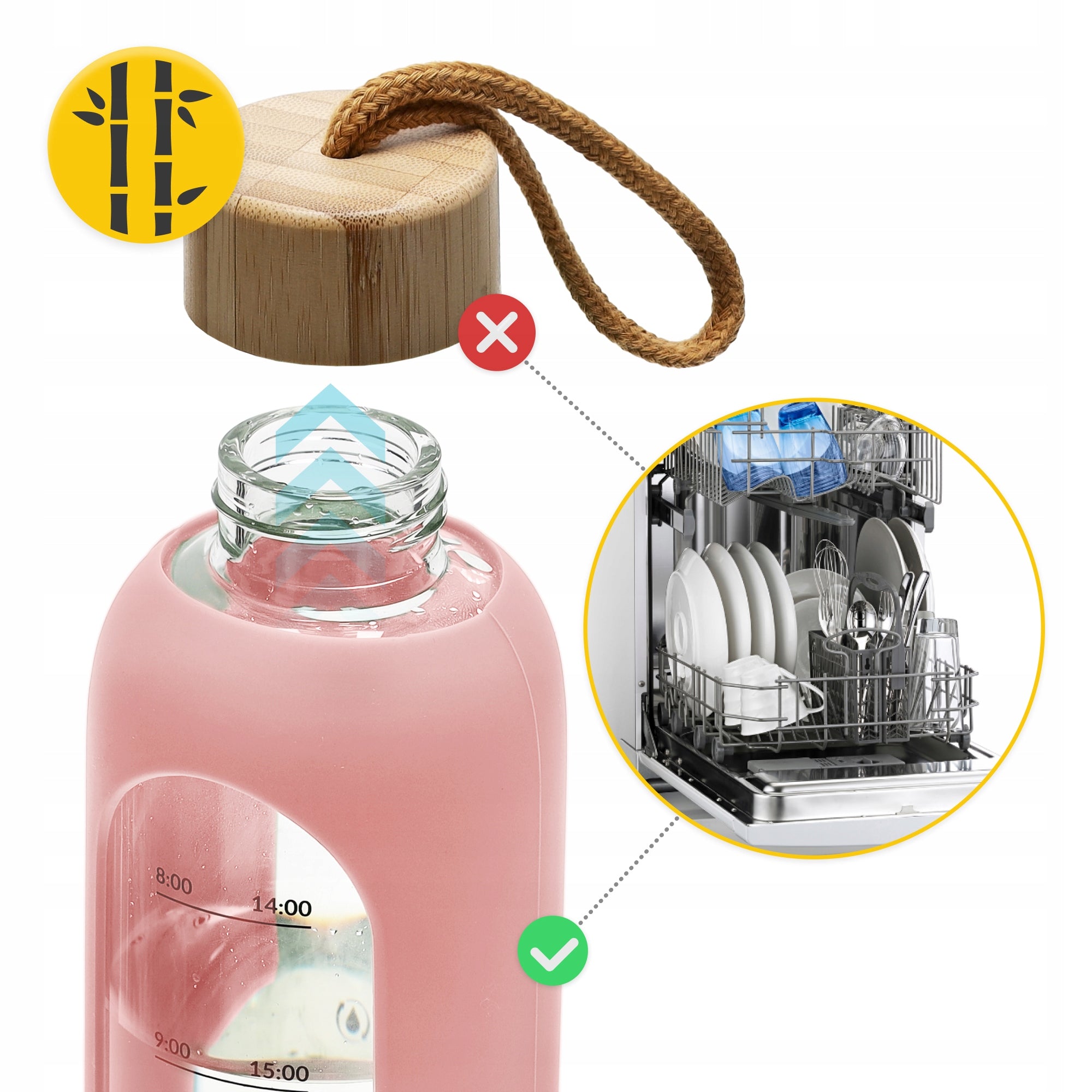 WATER BOTTLE MOTIVATIONAL BOTTLE SEALED SILICONE CASE 750 ML Model Różowa szklana butelka na wodę sportowa 750 ML