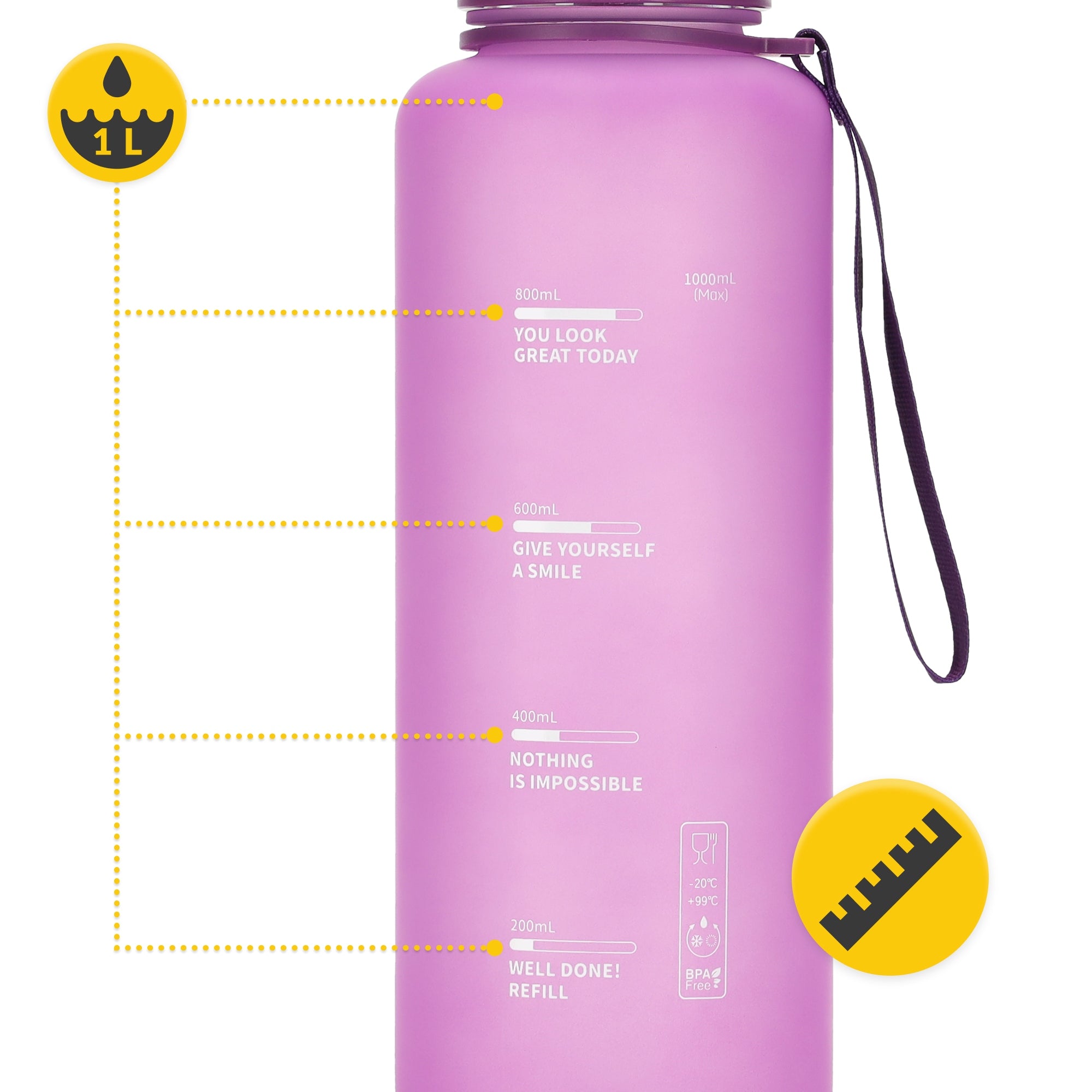 WATER BOTTLE MOTIVATIONAL SPORTS BOTTLE WITH MEASURING CUP MOUTHPIECE TRITAN 1L Brand 4FIZJO