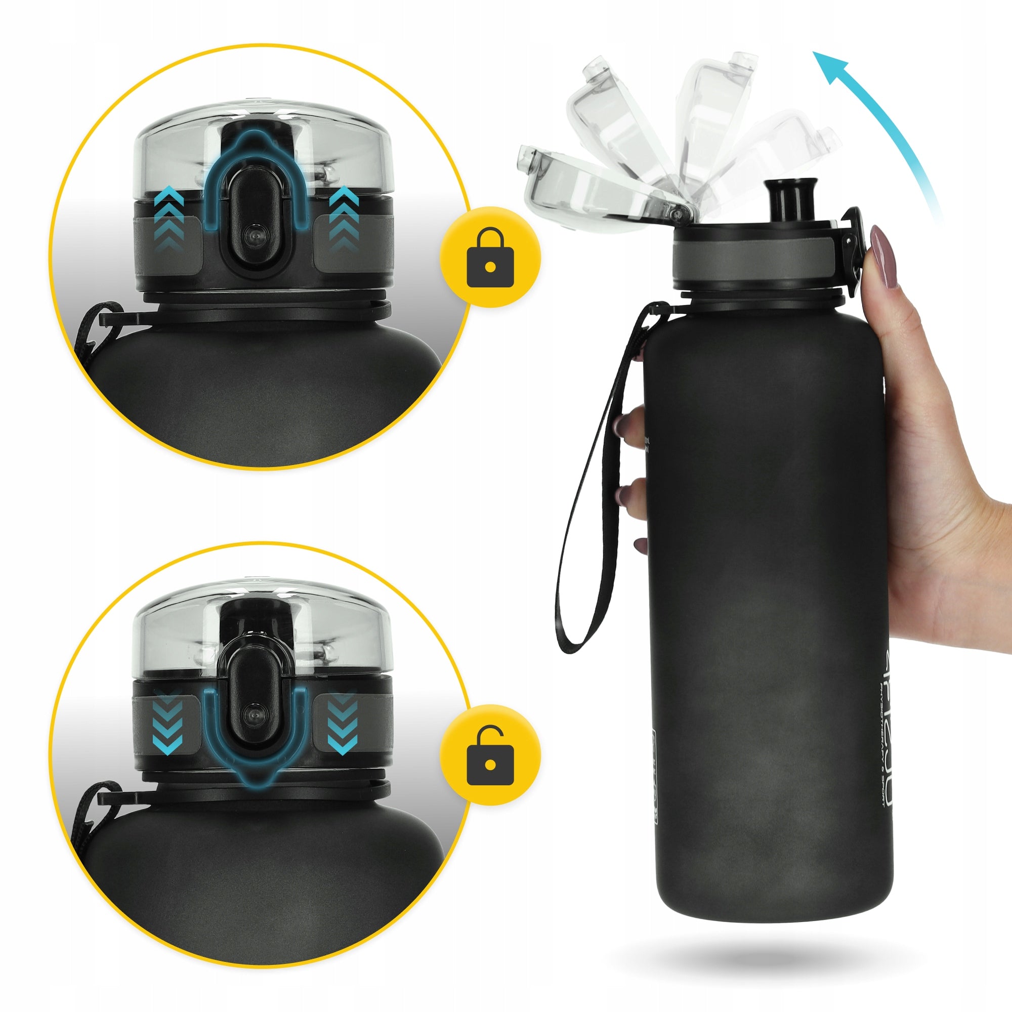 WATER BOTTLE MOTIVATIONAL SPORTS BOTTLE WITH MEASURING CUP MOUTHPIECE TRITAN 1L Color black