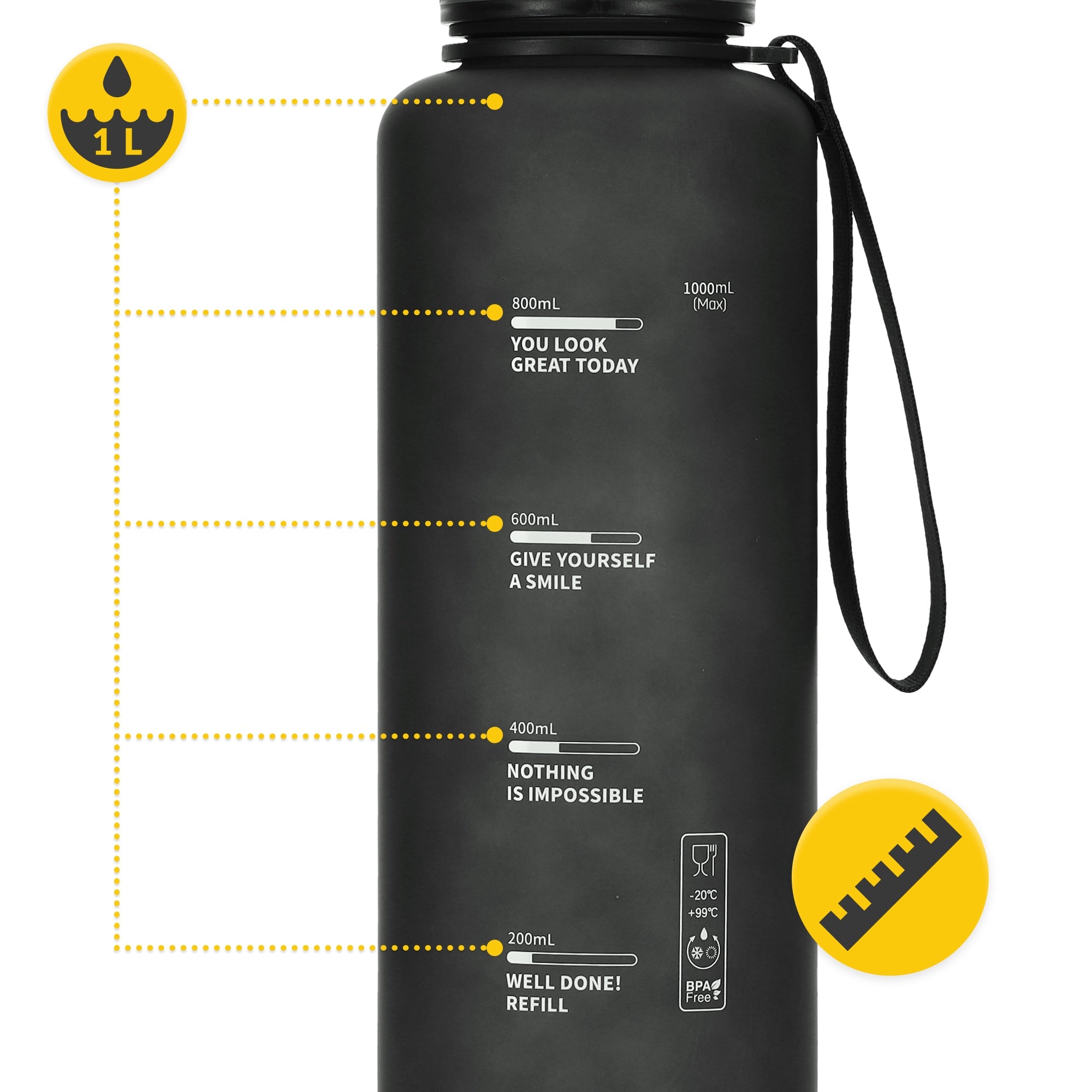 WATER BOTTLE MOTIVATIONAL SPORTS BOTTLE WITH MEASURING CUP MOUTHPIECE TRITAN 1L EAN (GTIN) 5905973403788
