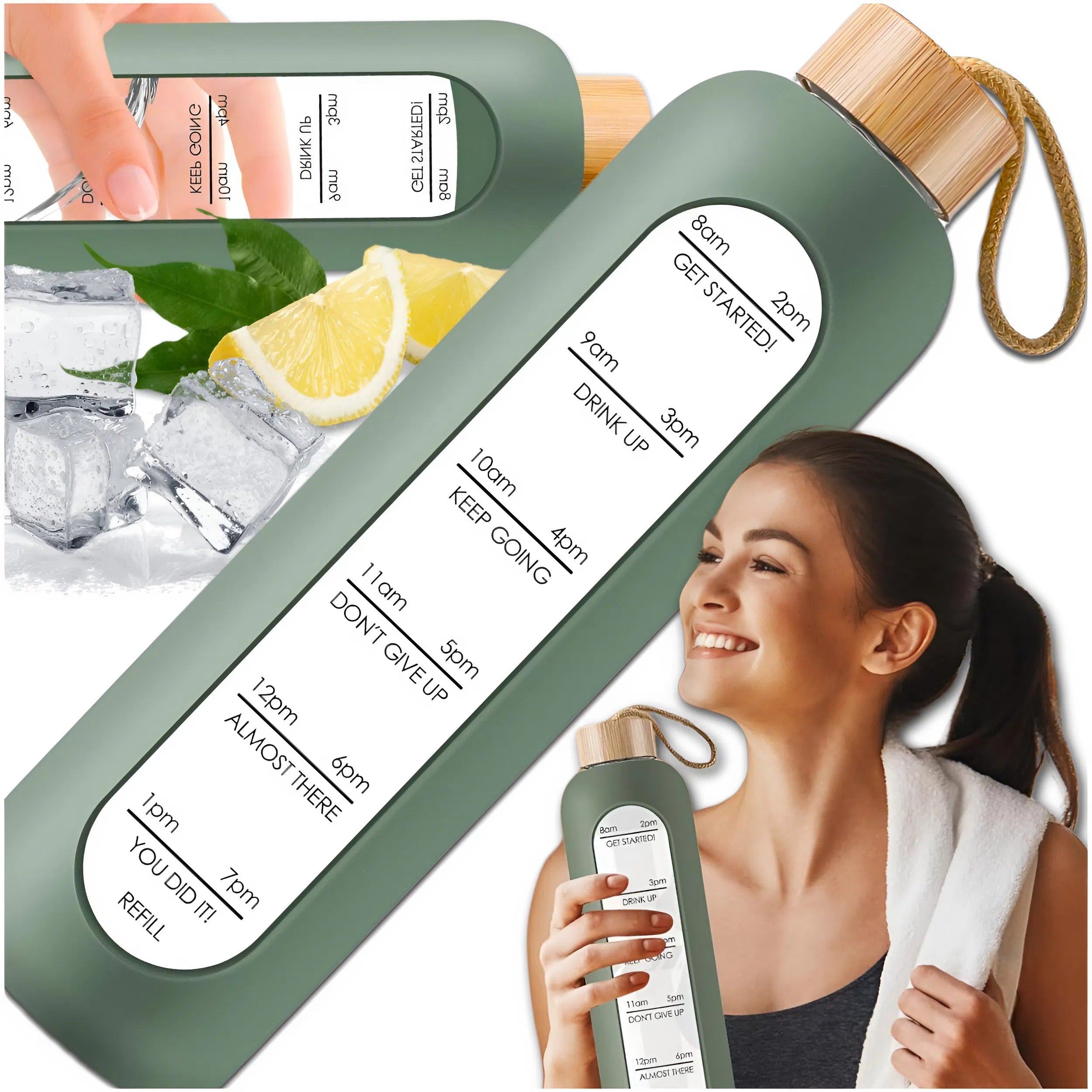 WATER BOTTLE MOTIVATIONAL SPORTS GLASS BOTTLE WITH MEASURING CUP 1L 1000ML