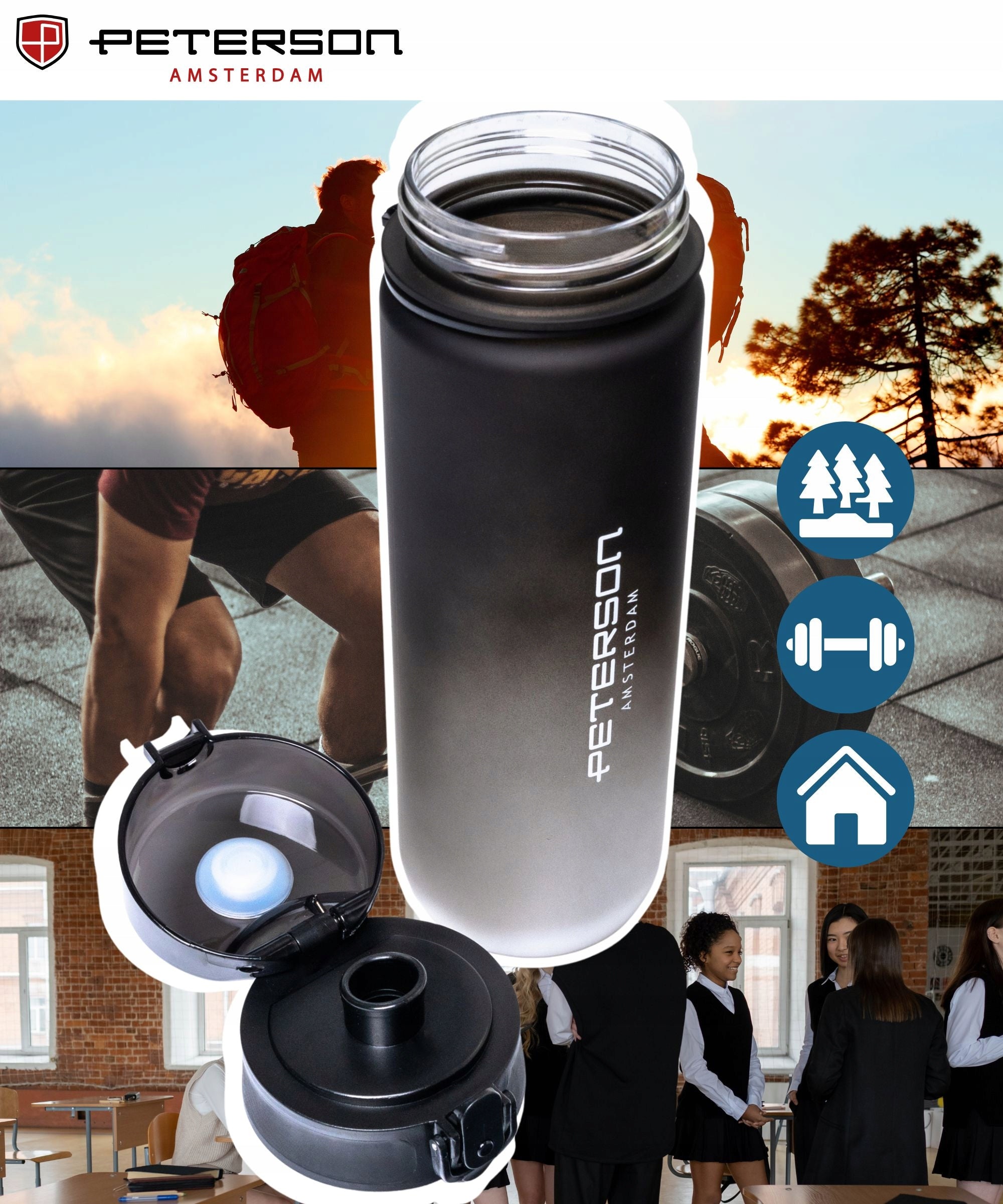 WATER BOTTLE MOTIVATIONAL SPORTS WATER BOTTLE TIGHT 750ml PETERSON Color black