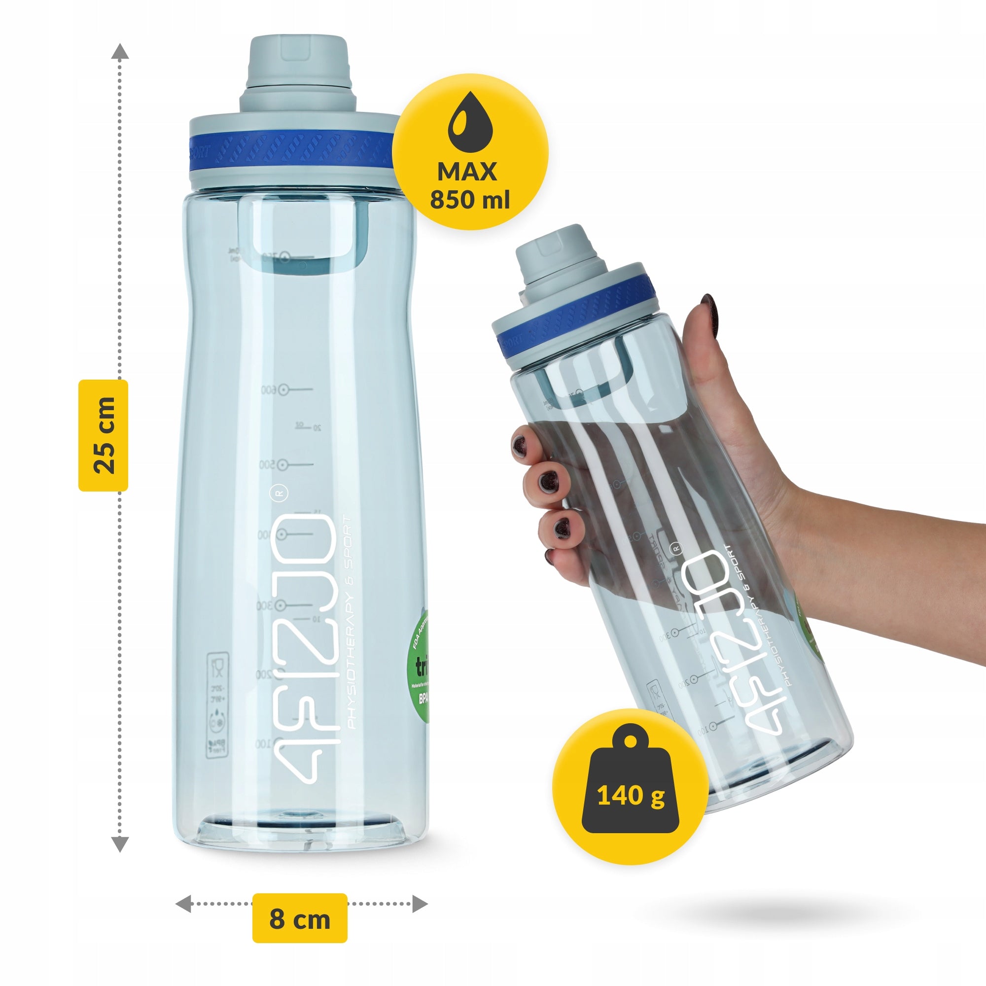 WATER BOTTLE SPORTS MOTIVATIONAL MEASURING CUP WATER BOTTLE TIGHT TRITAN 850 ML Color blue