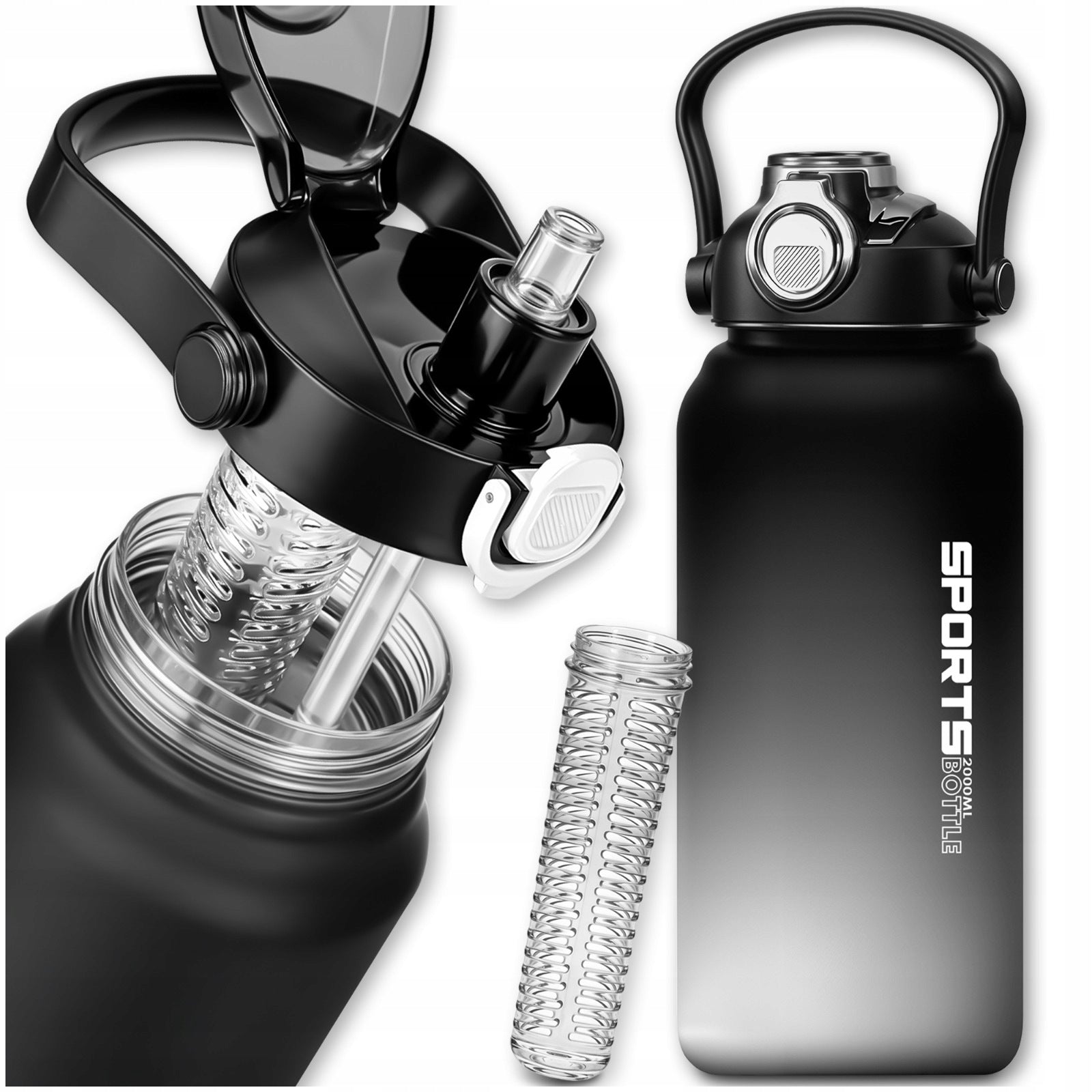 WATER BOTTLE WITH MEASURING CUP AND FRUIT INSERT WITH STRAW FOR TRAINING 2L