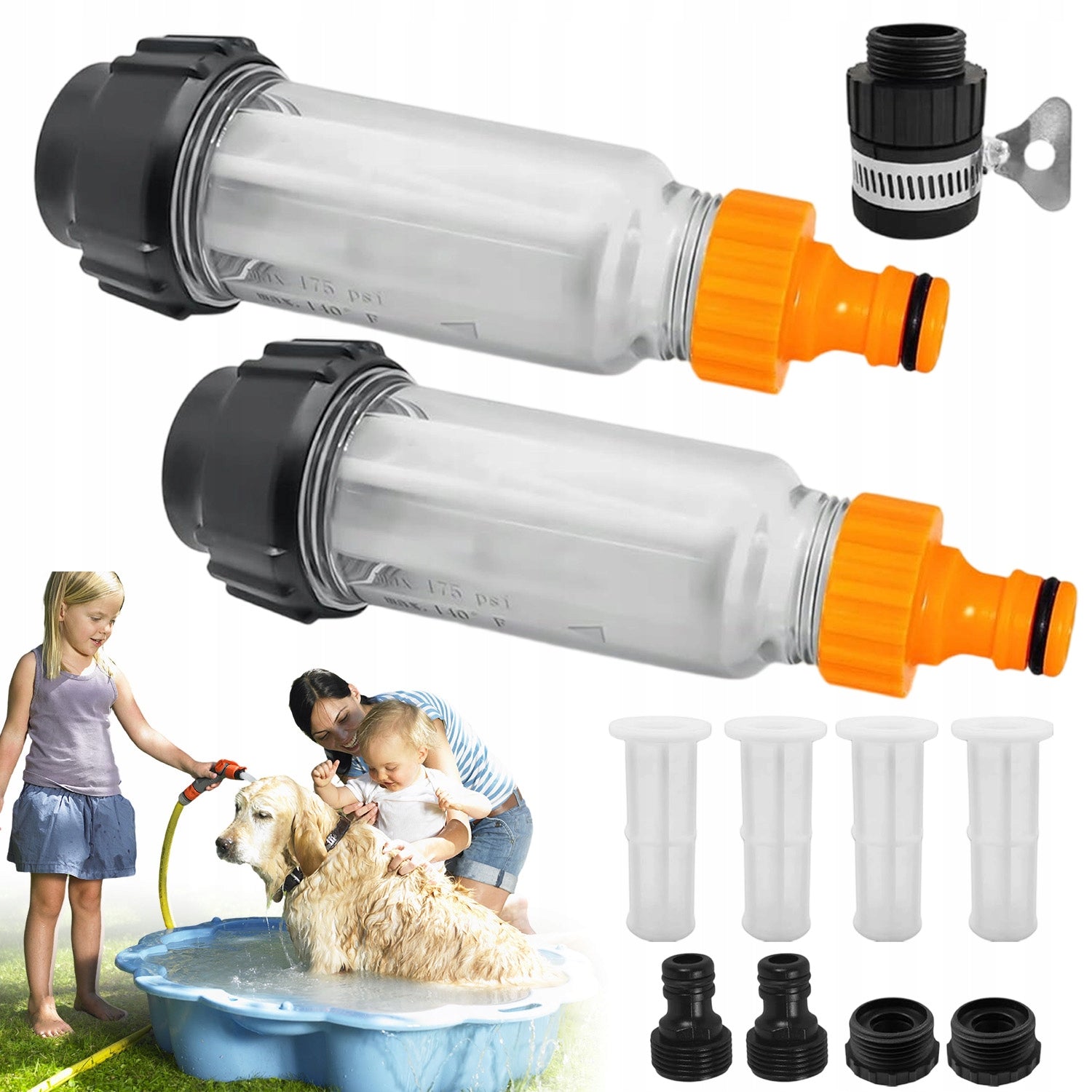 WATER FILTER KIT FOR GARDEN HOSE 3 4 INCH 2 FILTERS 4 CARTRIDGES