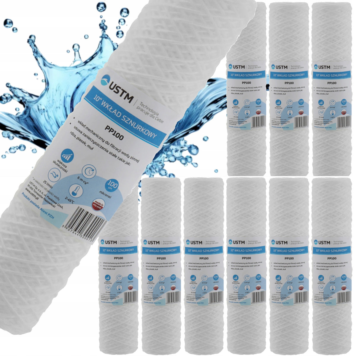 WATER FILTER STRING CARTRIDGE 10" FILTRATION 100 MICRON PP100M 10 PIECES USTM